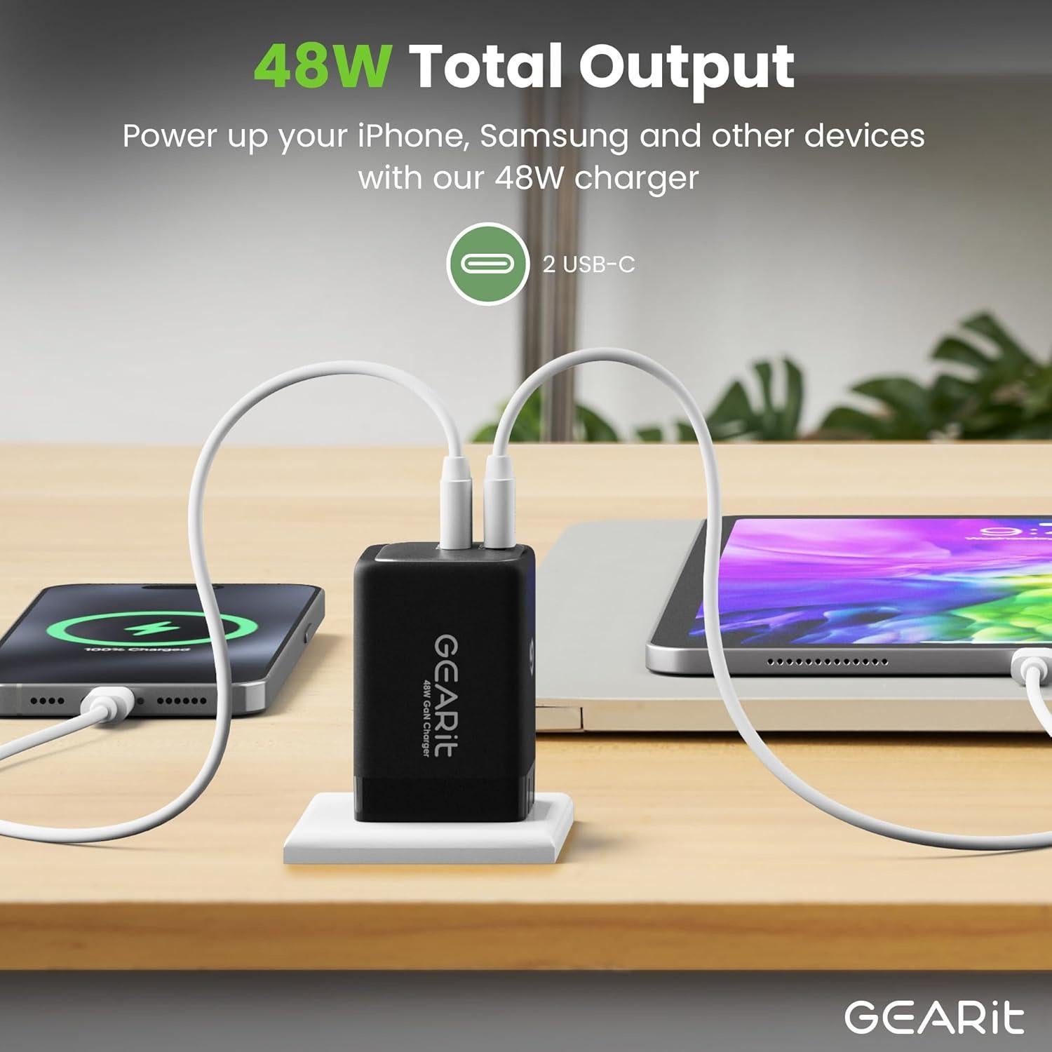 Cargador de Pared USB-C GEARit 48W con GaN y Doble Puerto - Negro