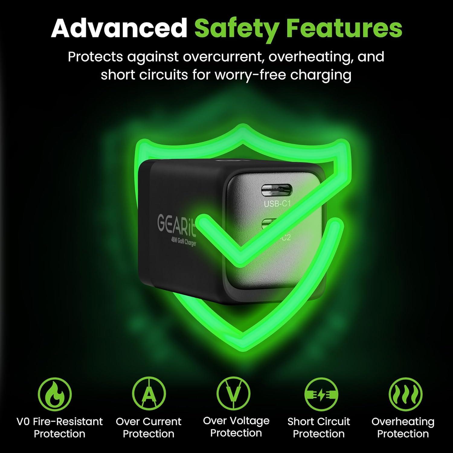 Cargador de Pared USB-C GEARit 48W con GaN y Doble Puerto - Negro