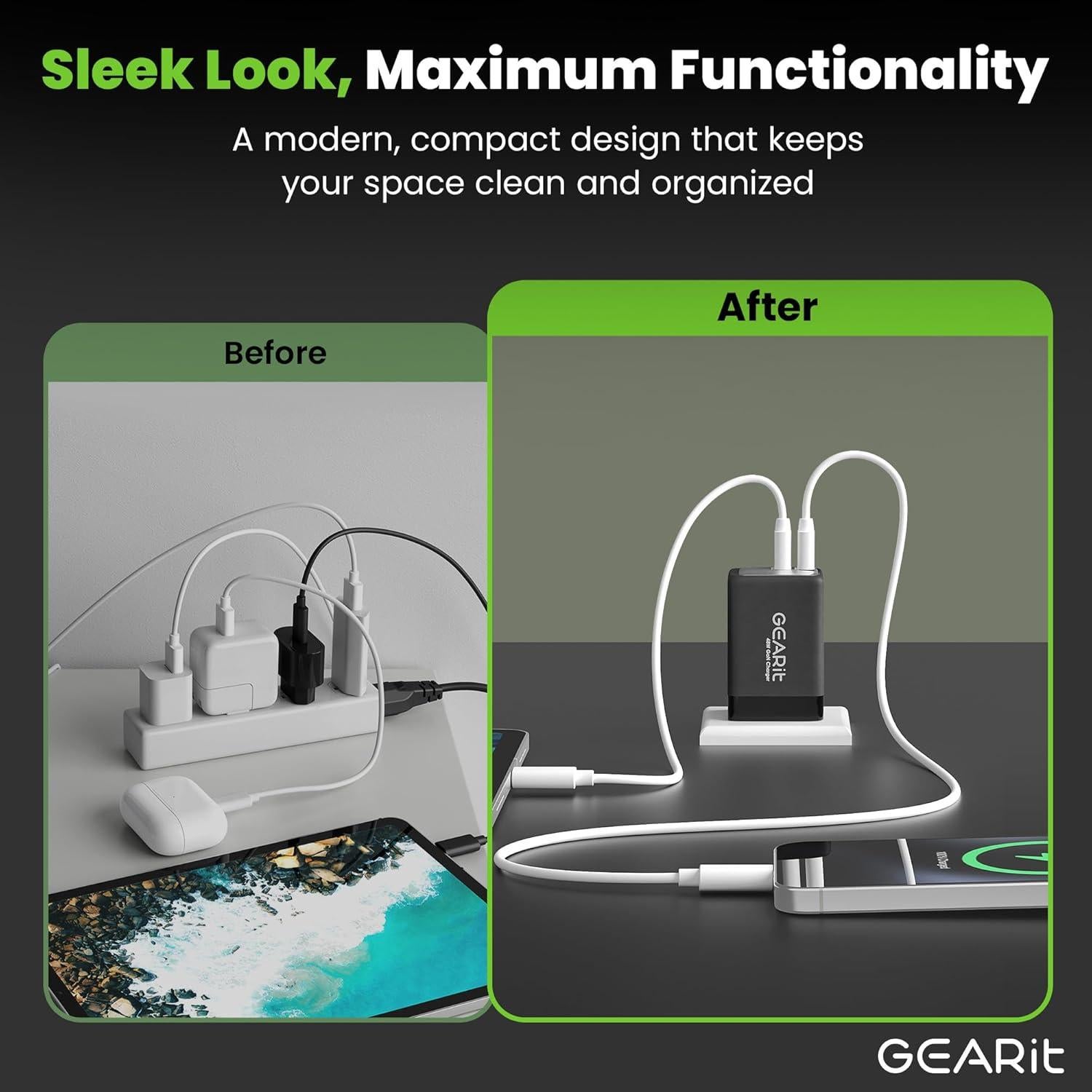 Cargador de Pared USB-C GEARit 48W con GaN y Doble Puerto - Negro