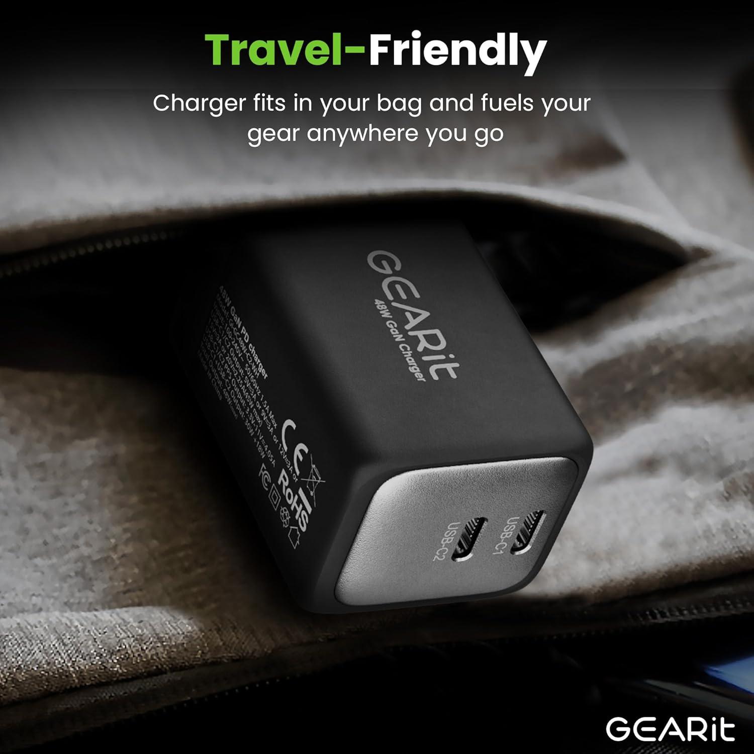 Cargador de Pared USB-C GEARit 48W con GaN y Doble Puerto - Negro