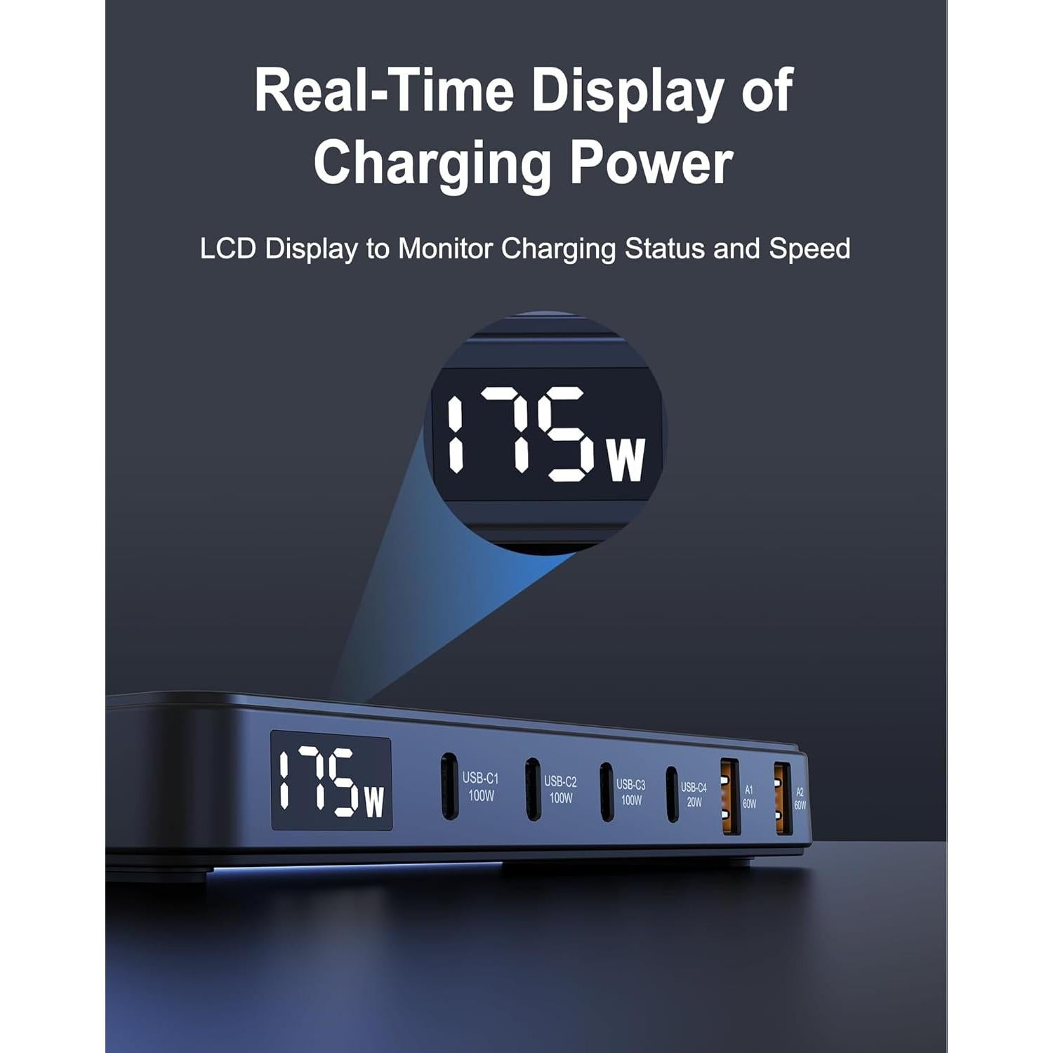 Cargador USB-C Graaci 175W 6 Puertos Carga Rápida LCD