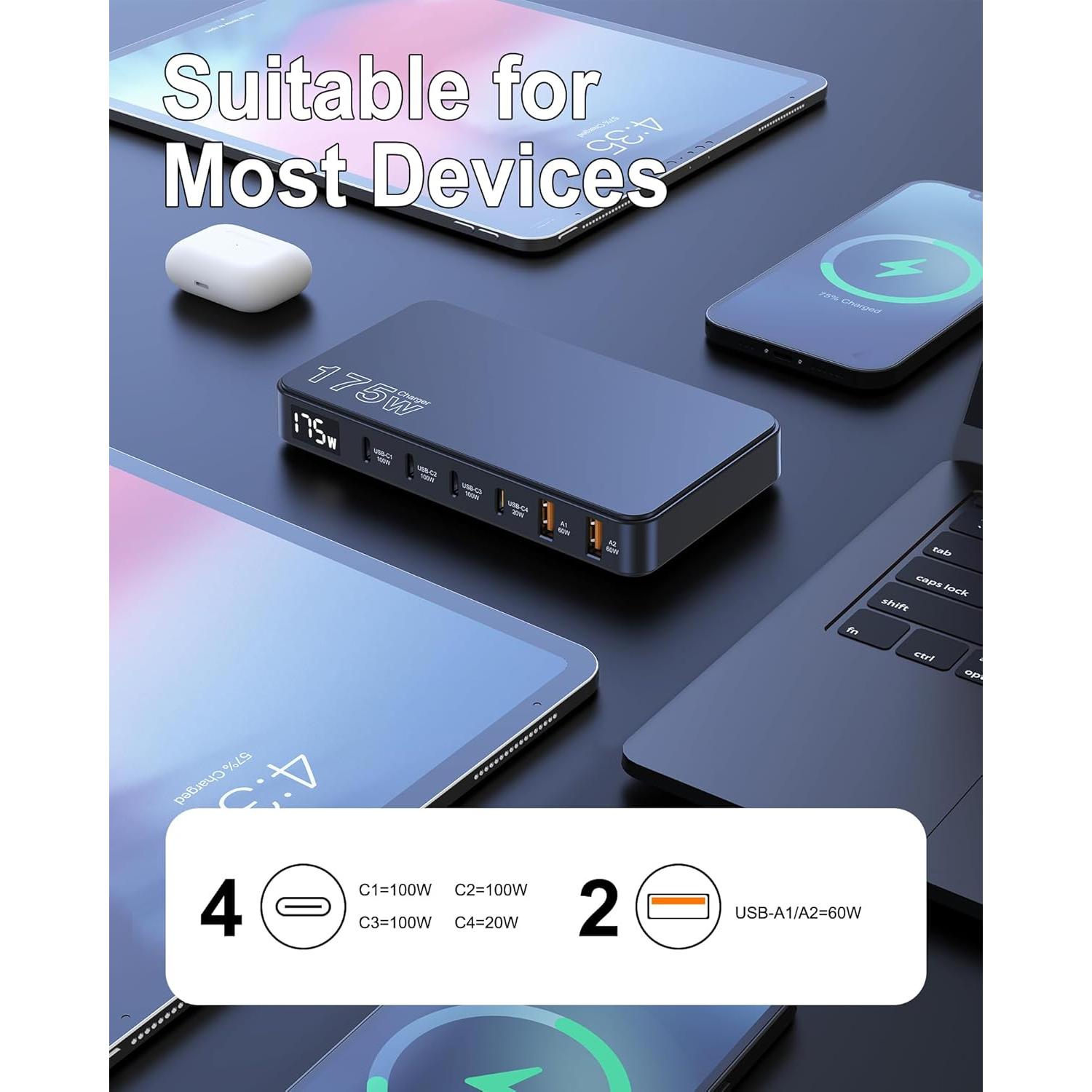 Cargador USB-C Graaci 175W 6 Puertos Carga Rápida LCD