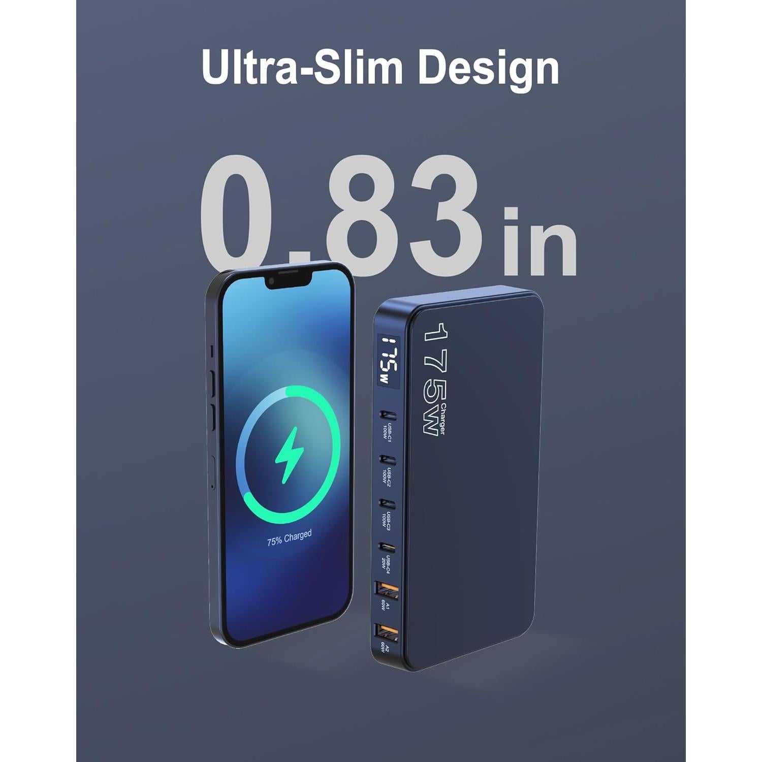 Cargador USB-C Graaci 175W 6 Puertos Carga Rápida LCD