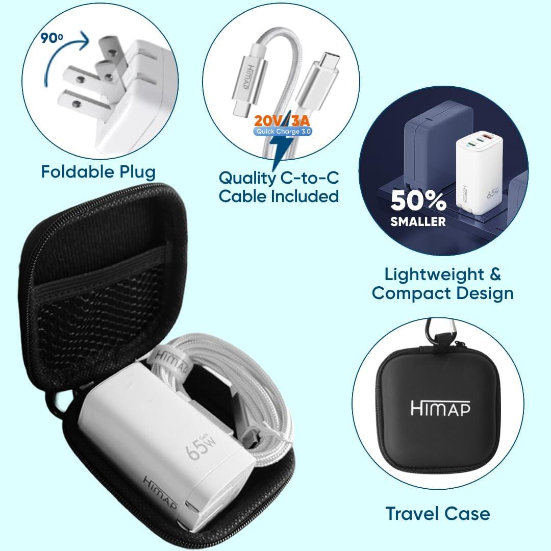 Cargador USB C 65W GaN Pro HIMAP Plegable 3 Puertos Blanco