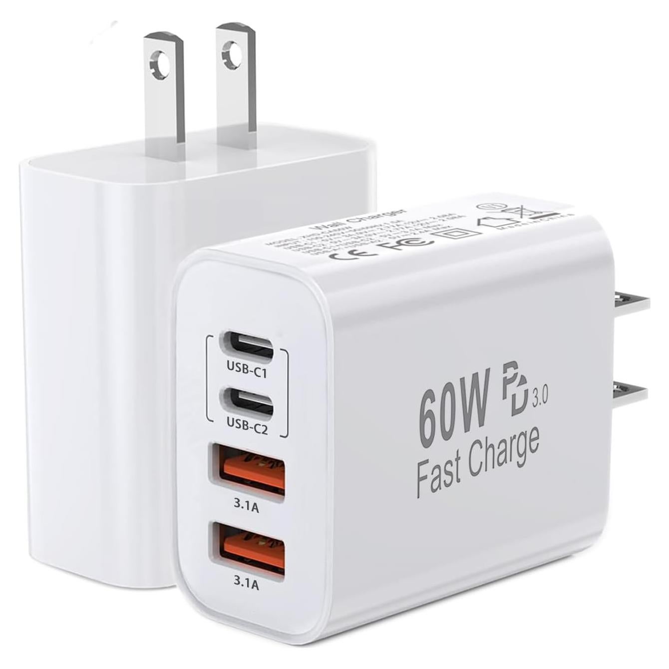 Cargador USB C 60W 4 Puertos Doble Tipo C y USB-A 2Pack