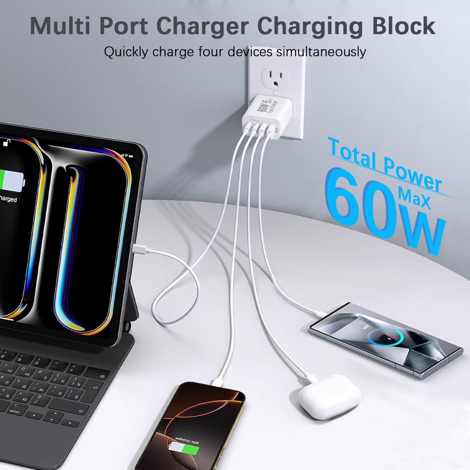 Cargador USB C 60W 4 Puertos Doble Tipo C y USB-A 2Pack