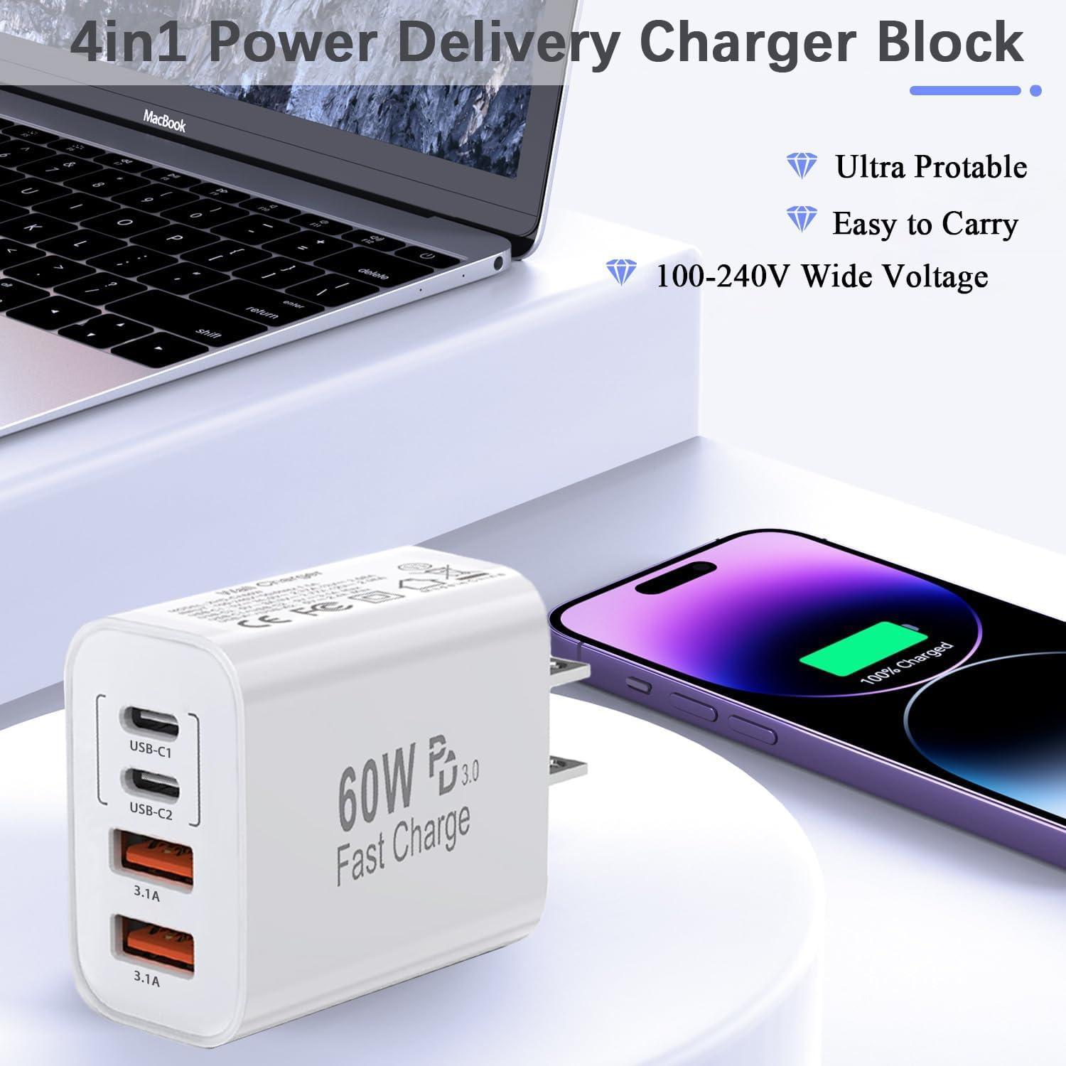 Cargador USB C 60W 4 Puertos Doble Tipo C y USB-A 2Pack