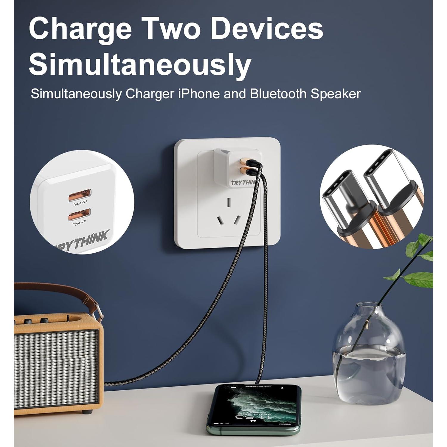 Cargador USB C 35W GaN TRYTHINK Doble Puerto Plegable