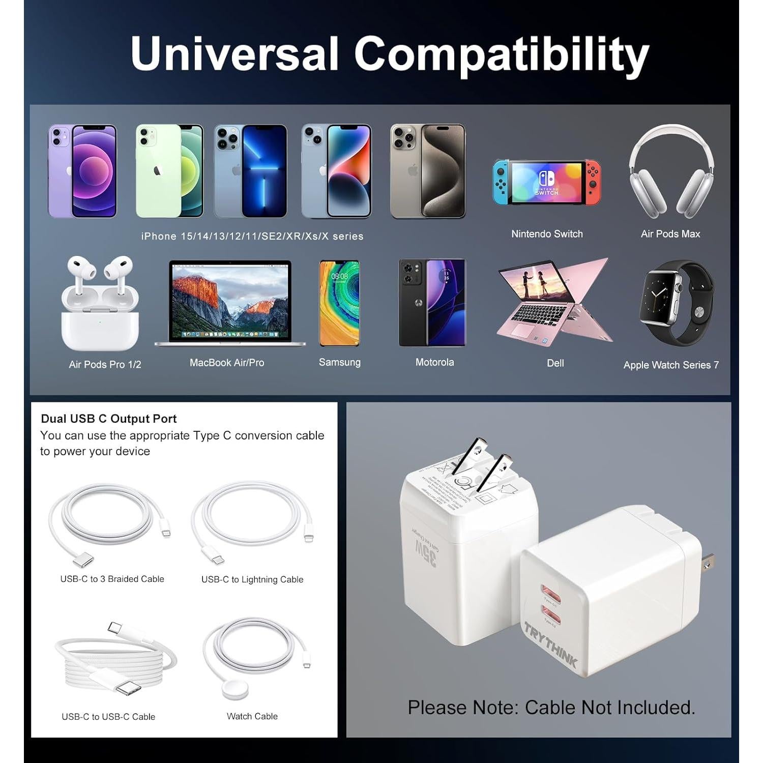 Cargador USB C 35W GaN TRYTHINK Doble Puerto Plegable