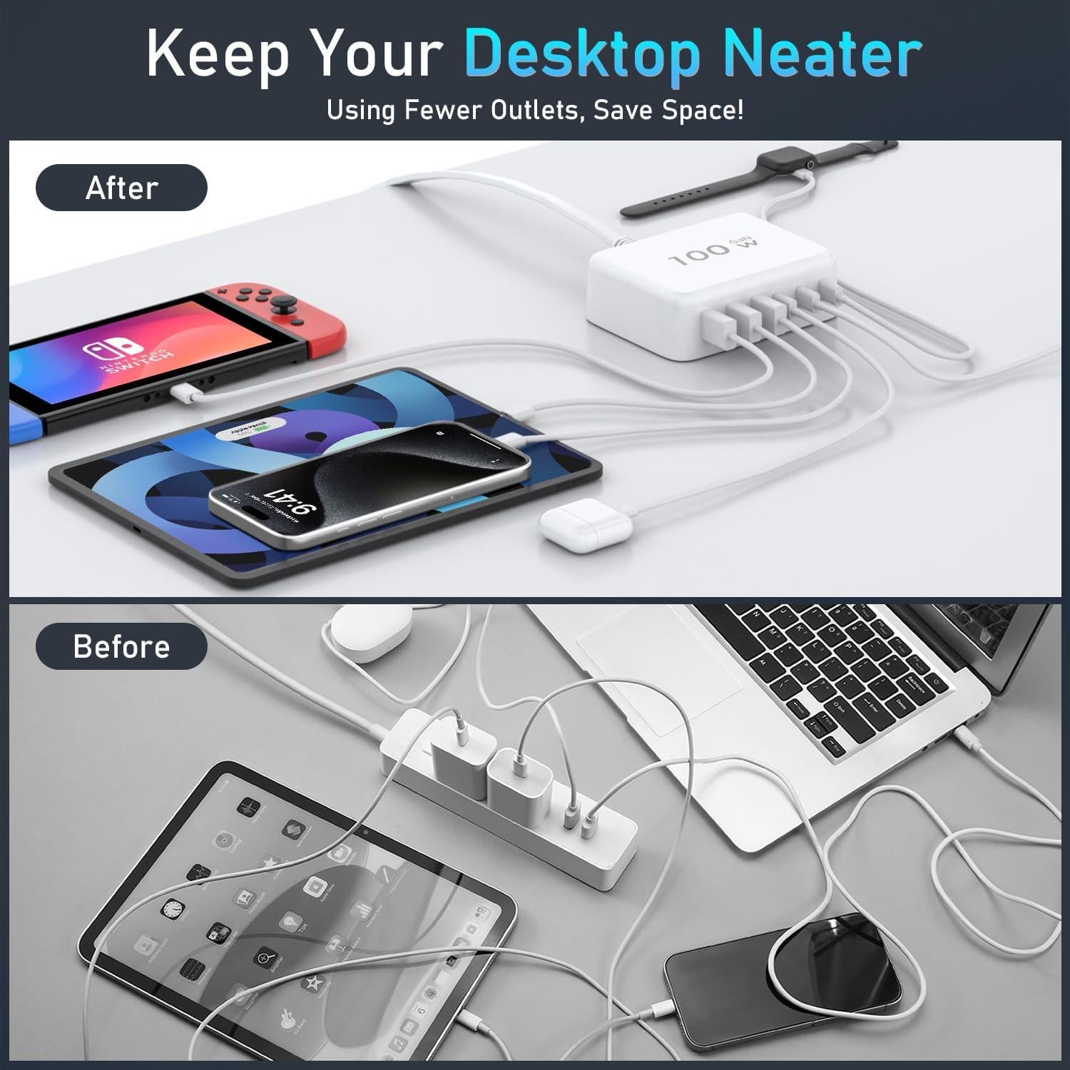 Cargador Rápido USB C 100W BenKri 6 Puertos Adaptador