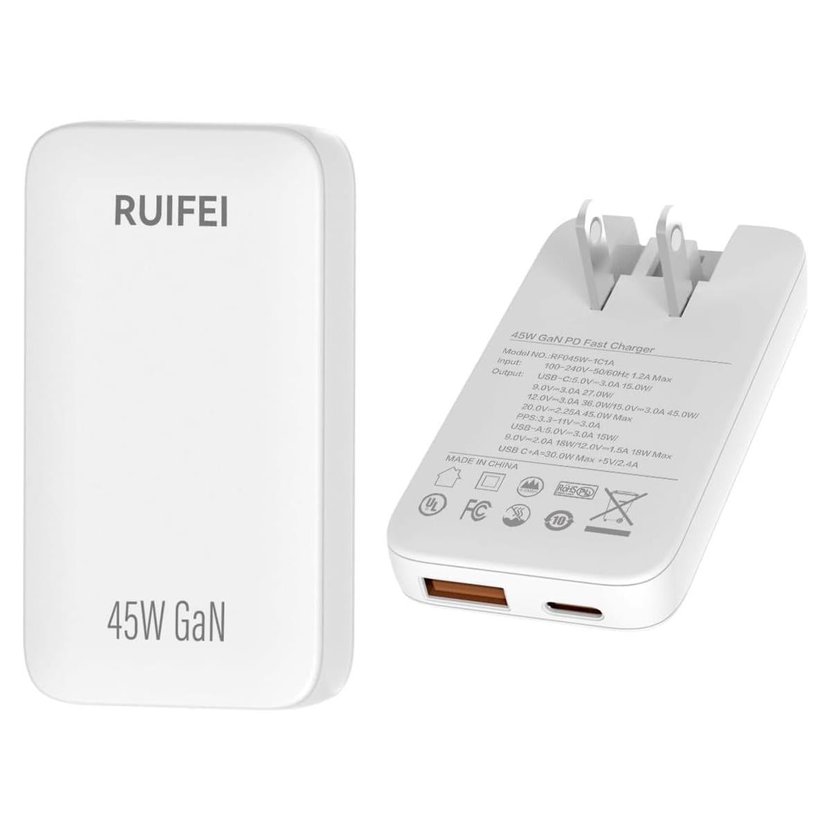 Cargador USB C 45W RUIFEI Doble Puerto Pared Blanco