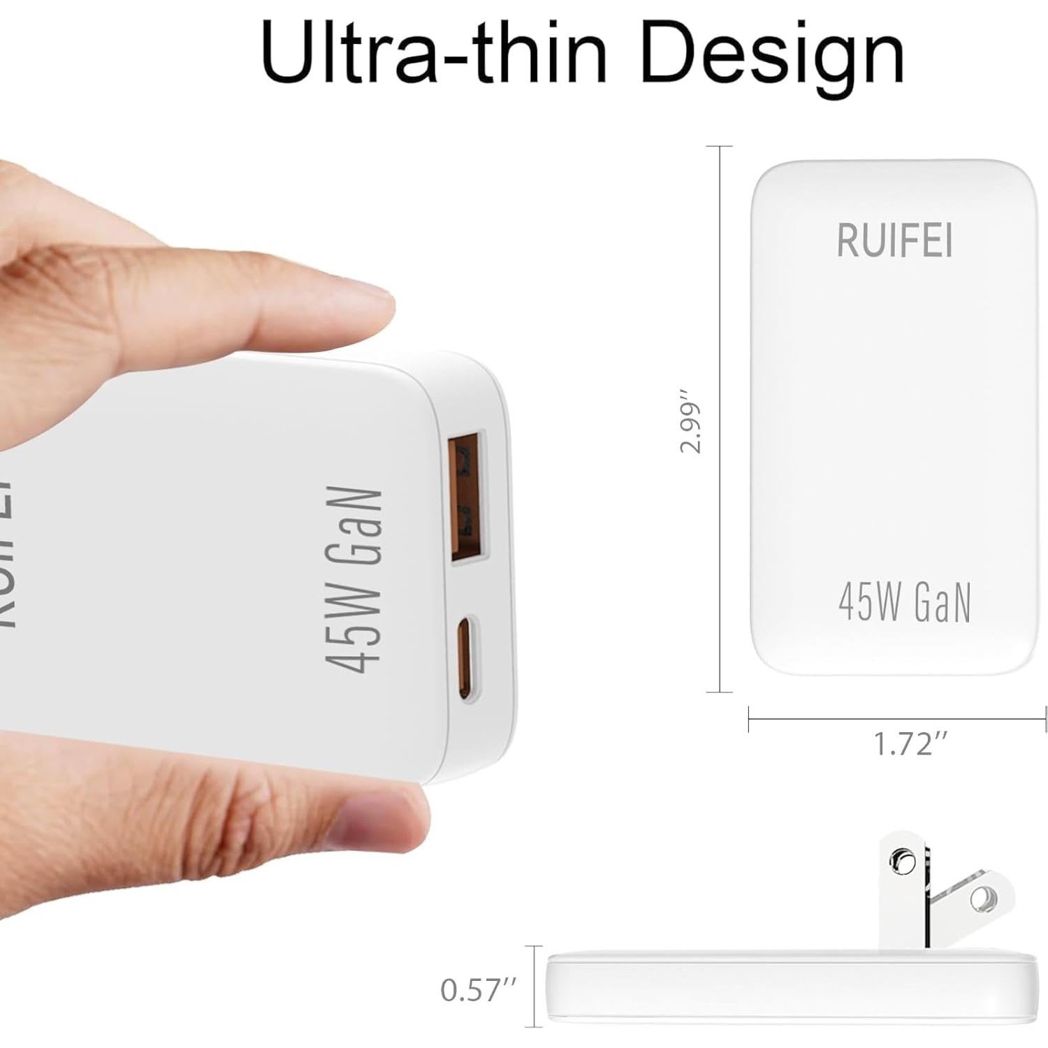 Cargador USB C 45W RUIFEI Doble Puerto Pared Blanco