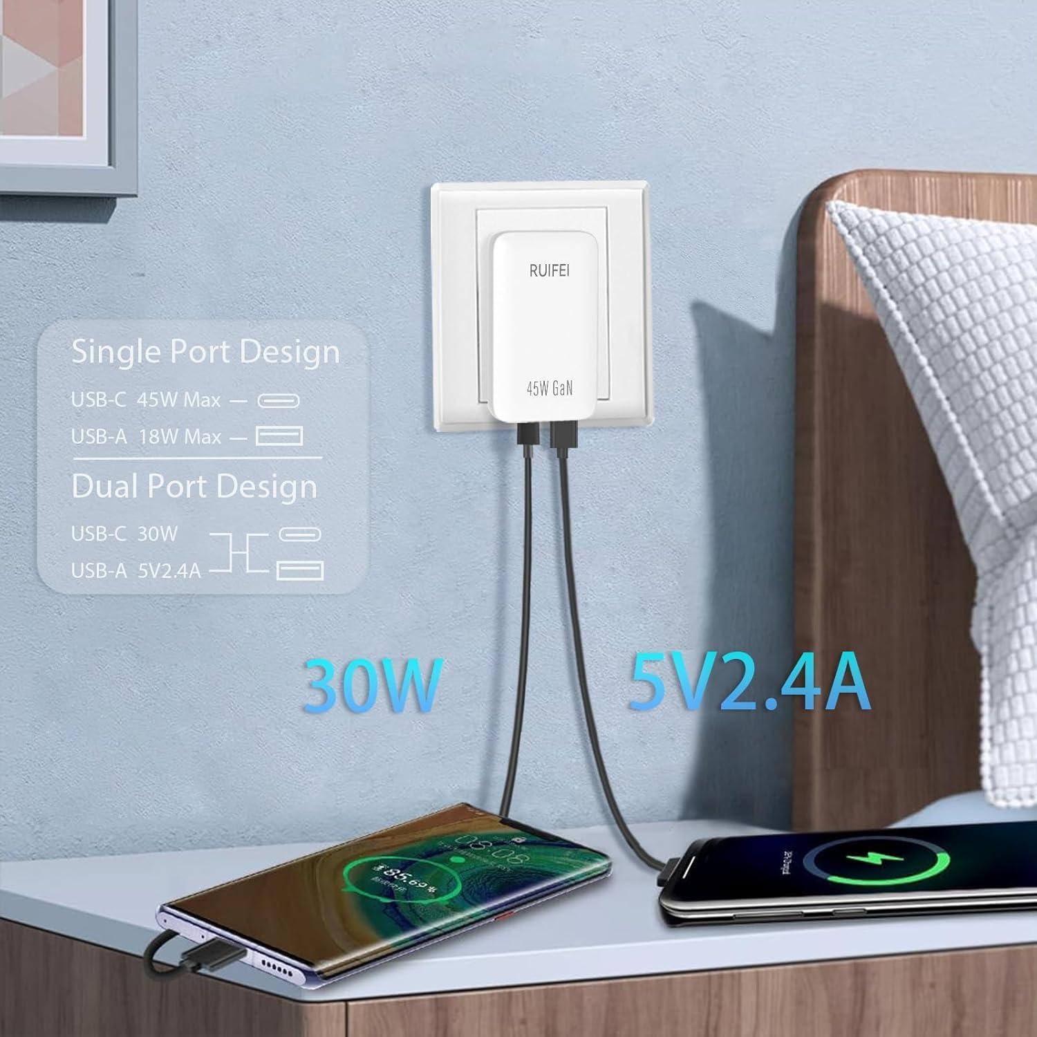 Cargador USB C 45W RUIFEI Doble Puerto Pared Blanco