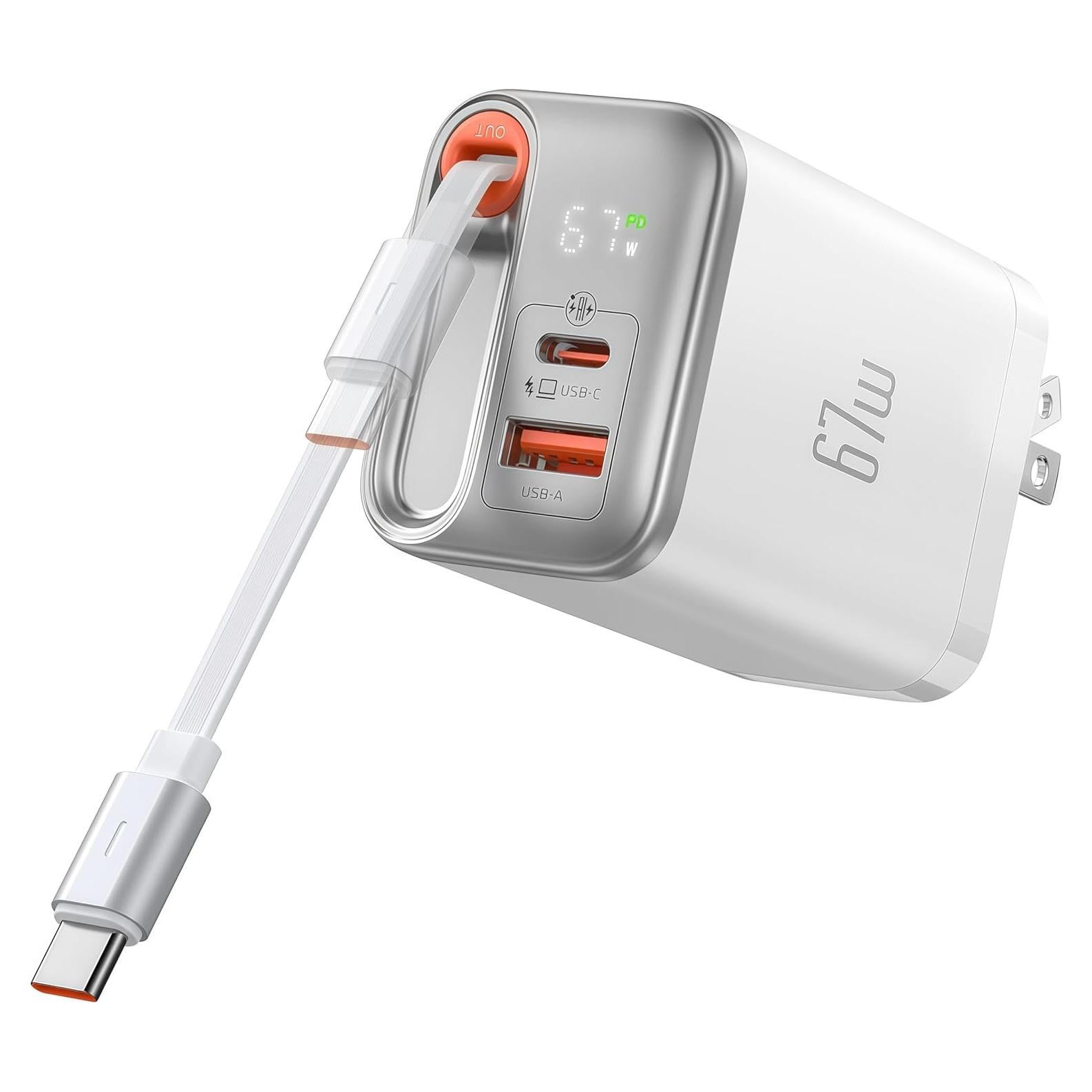 Cargador Mcdodo 67W USB C Plegable con Cable Retráctil Blanco