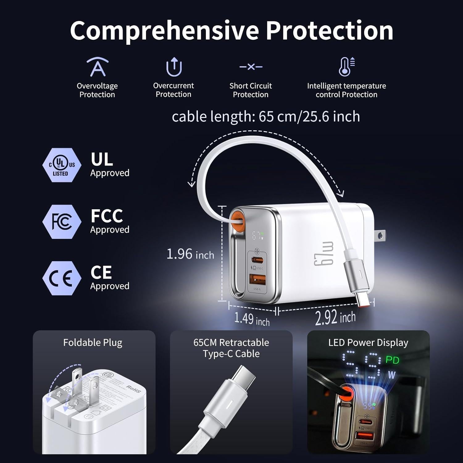 Cargador Mcdodo 67W USB C Plegable con Cable Retráctil Blanco