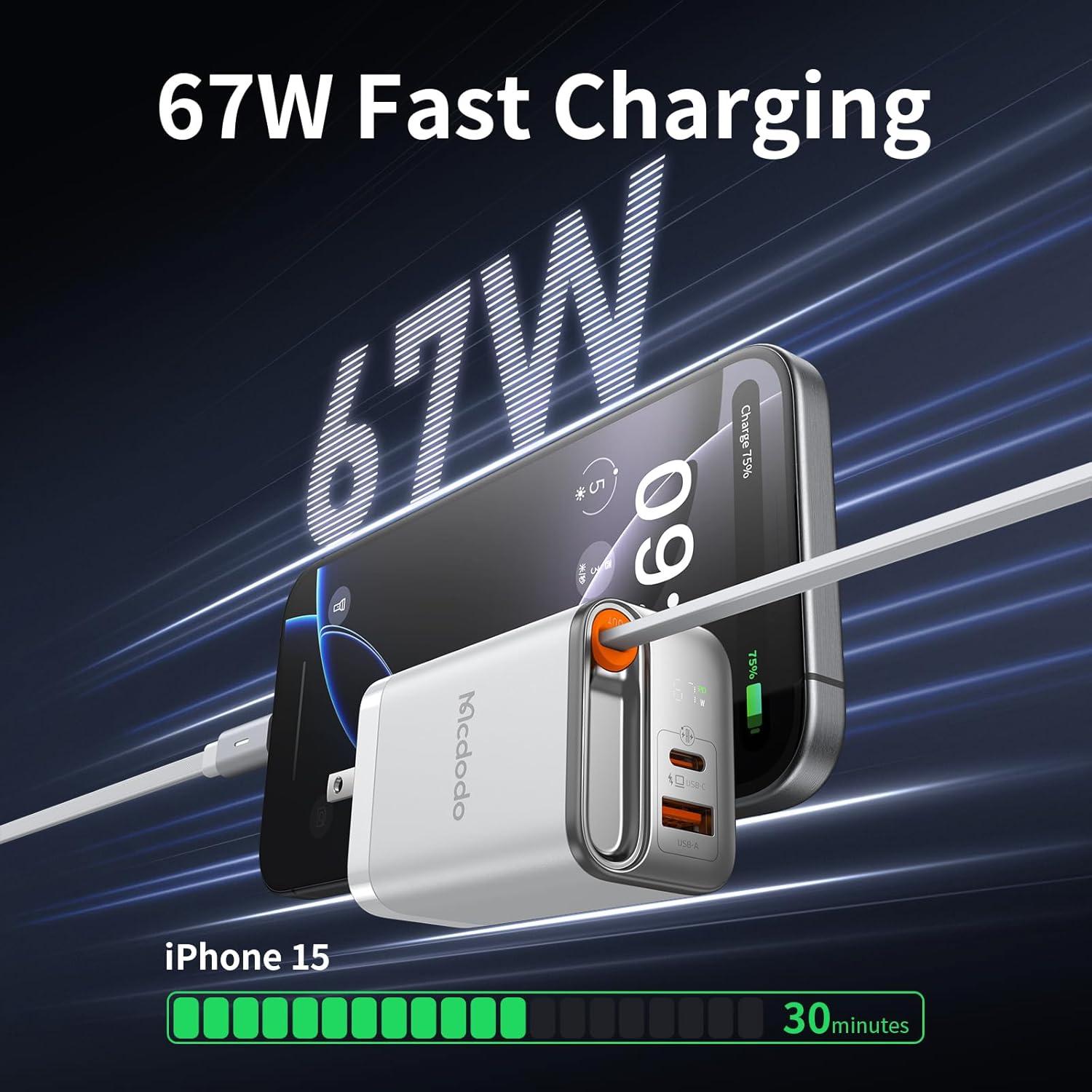 Cargador Mcdodo 67W USB C Plegable con Cable Retráctil Blanco