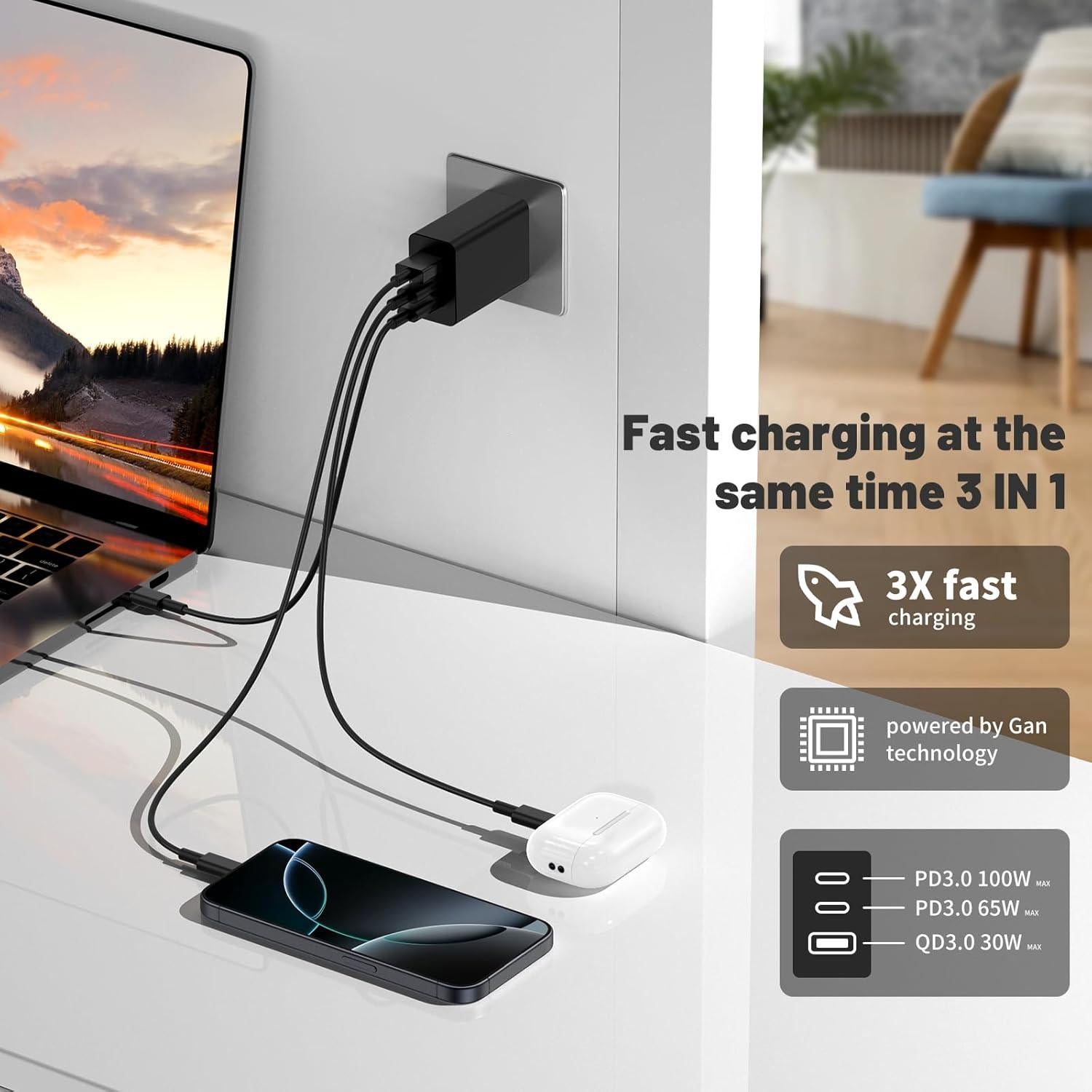 Cargador de Pared USB C 100W SHENZHEN - 3 Puertos PD+QC