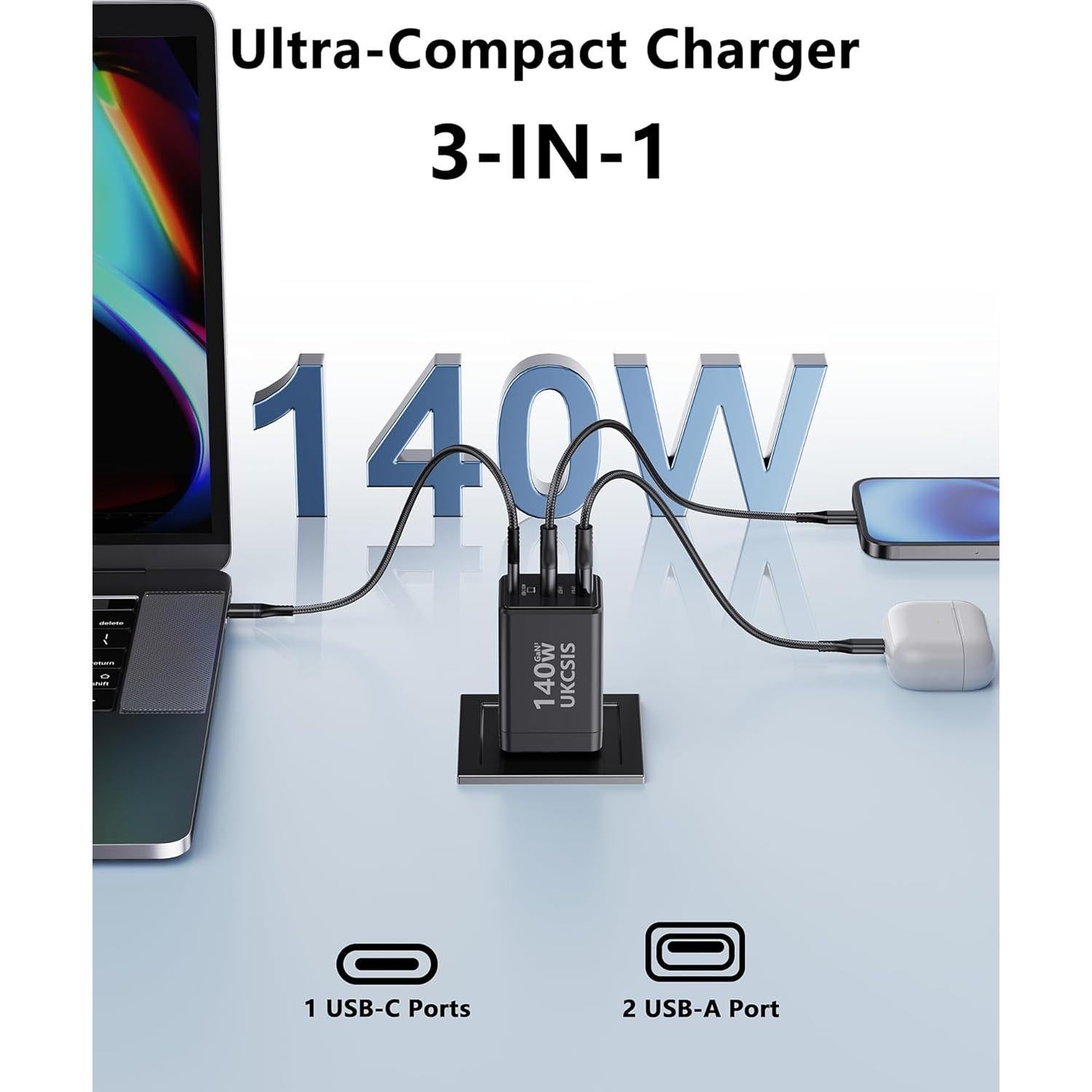 Cargador USB C 140W UKCSIS 2Pack Plegable para Laptop