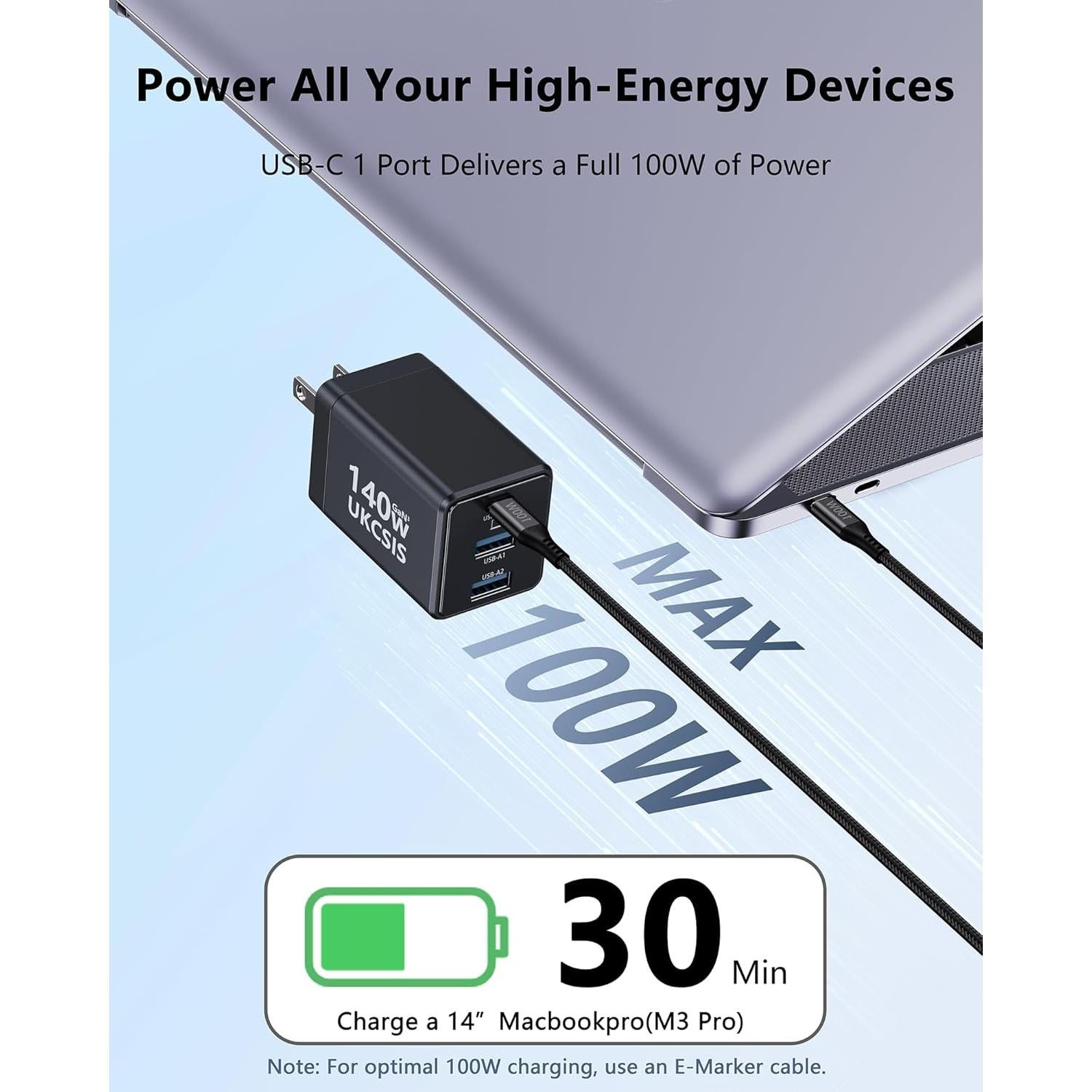 Cargador USB C 140W UKCSIS 2Pack Plegable para Laptop