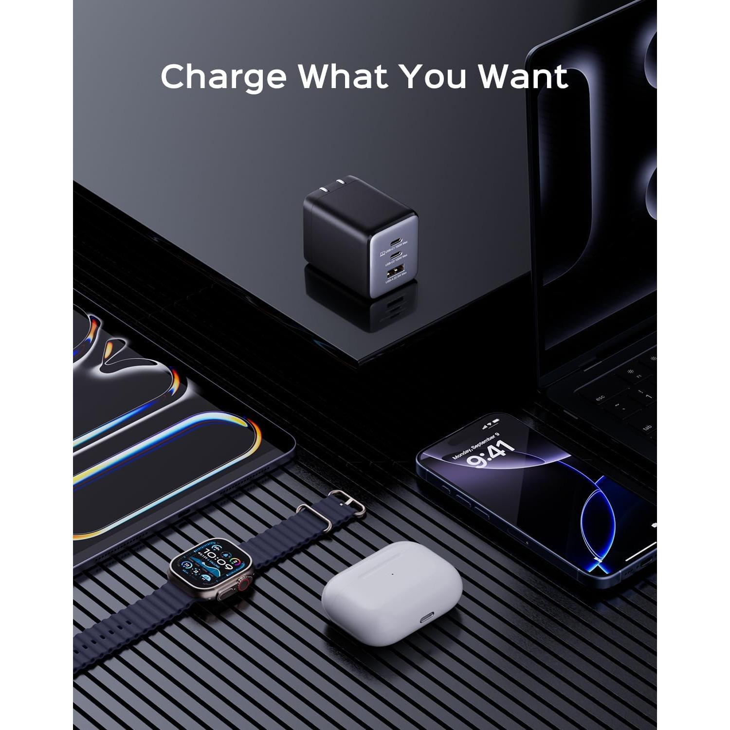 Cargador USB C 100W wegear Plegable 3 Puertos Negro