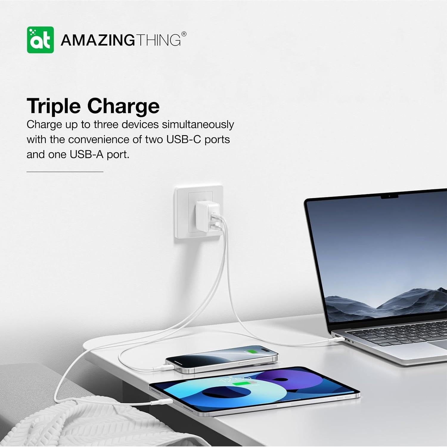 Cargador de pared 66W GaN con 2 USB-C y 1 USB-A blanco