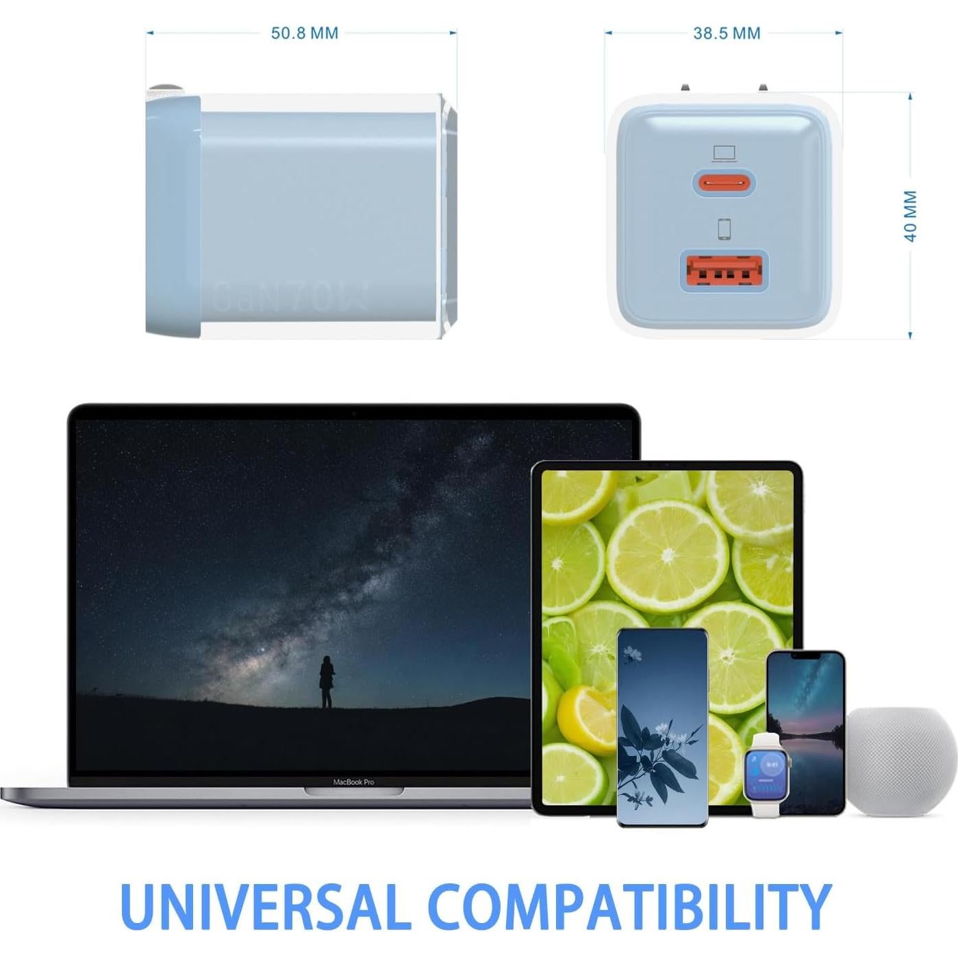 Cargador USB C 70W KABCON GaN 2 Puertos Rápido Azul Claro