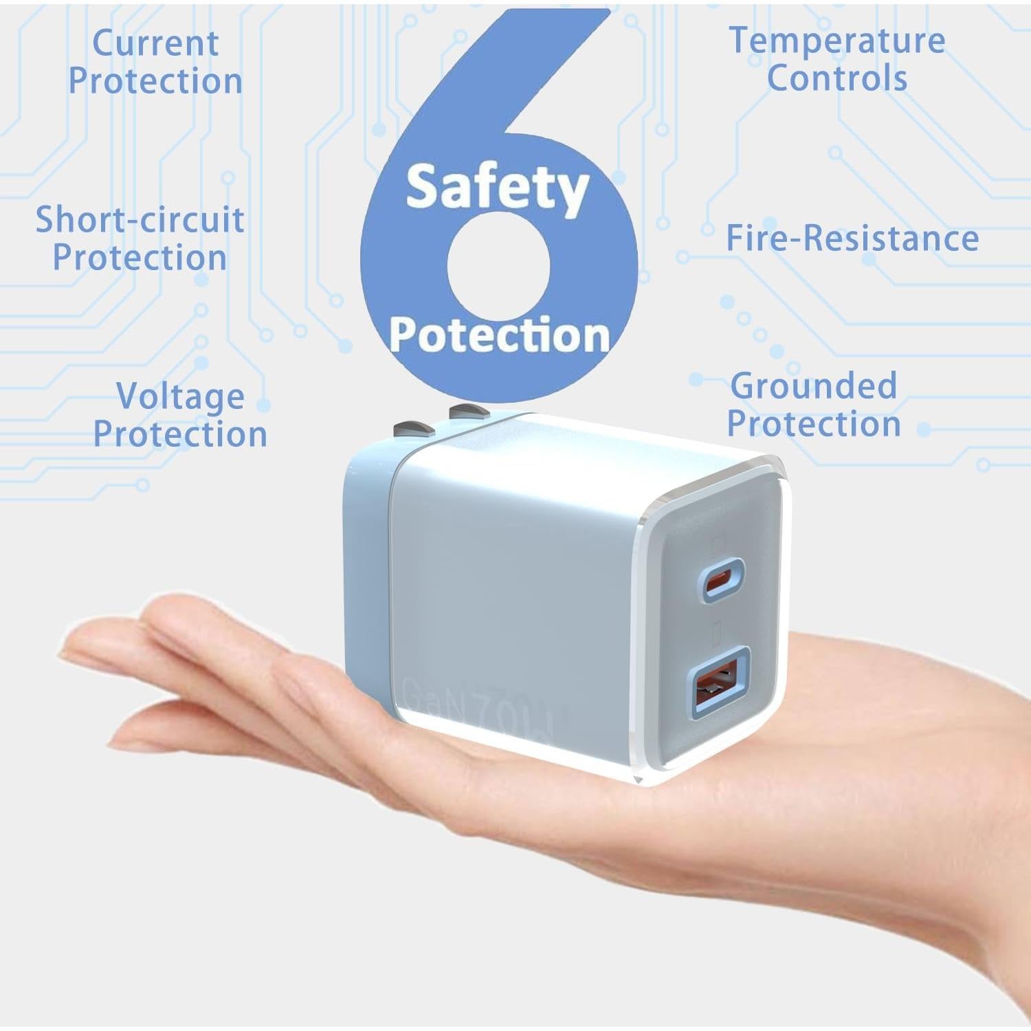 Cargador USB C 70W KABCON GaN 2 Puertos Rápido Azul Claro