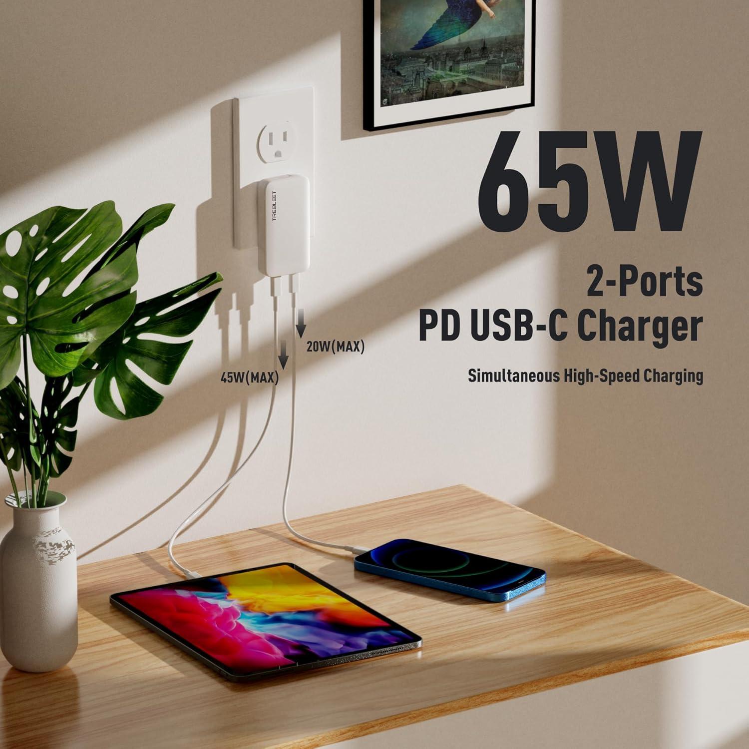 Cargador Ultra Delgado 65W TREBLEET USB-C Doble Puerto