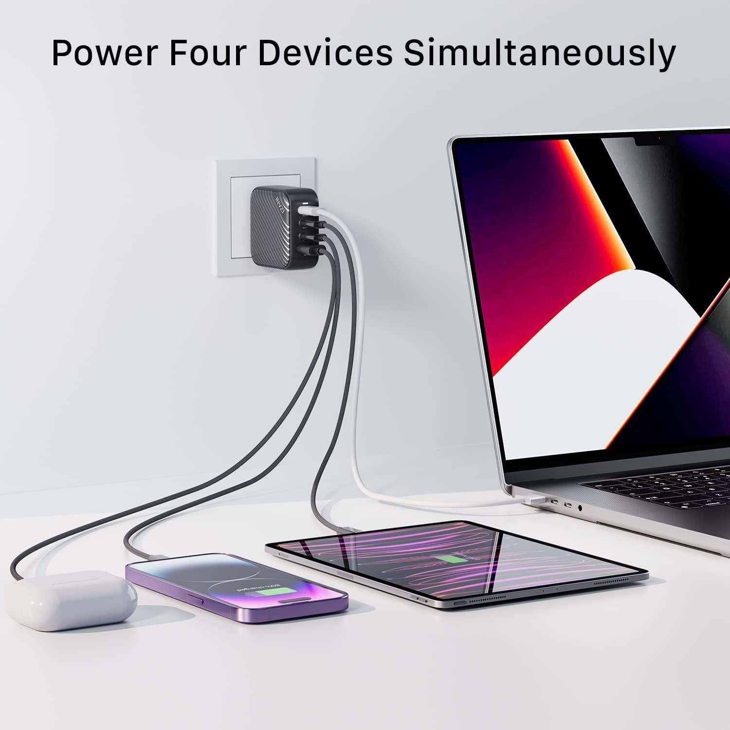 Cargador USB-C INVZI 100W GaN Multiport 4 Puertos Rápido