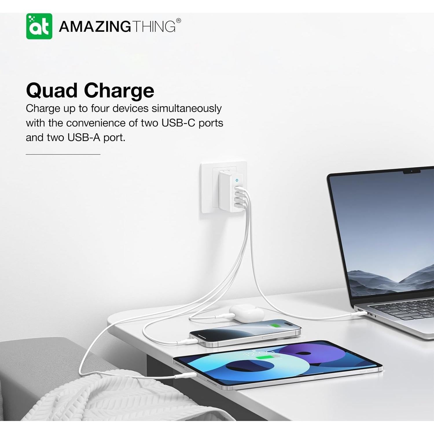 Cargador de pared 100W GaN con 2 USB-C y 2 USB-A blanco