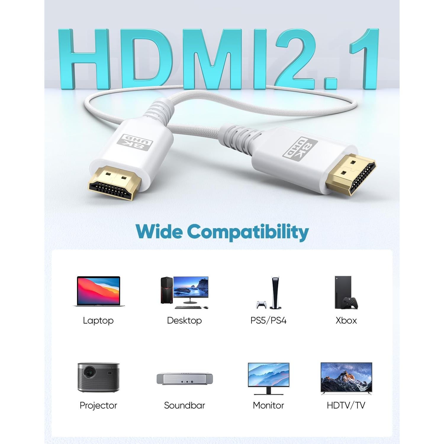 Cable HDMI 2M UVOOI Blanco 8K 48Gbps Alta Velocidad
