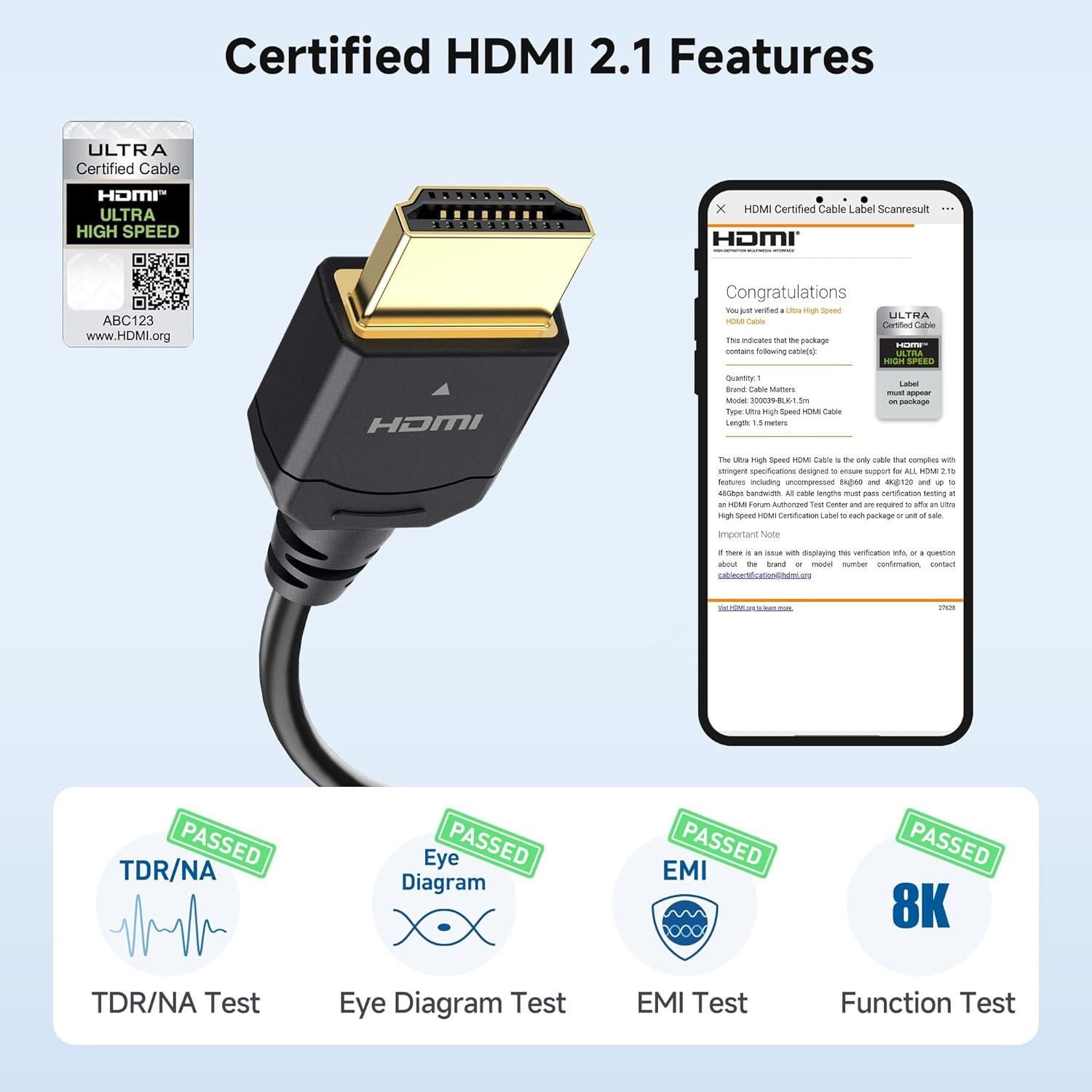 Cable HDMI 2.1 Ultra Delgado 1.5m Cable Matters 48Gbps 8K