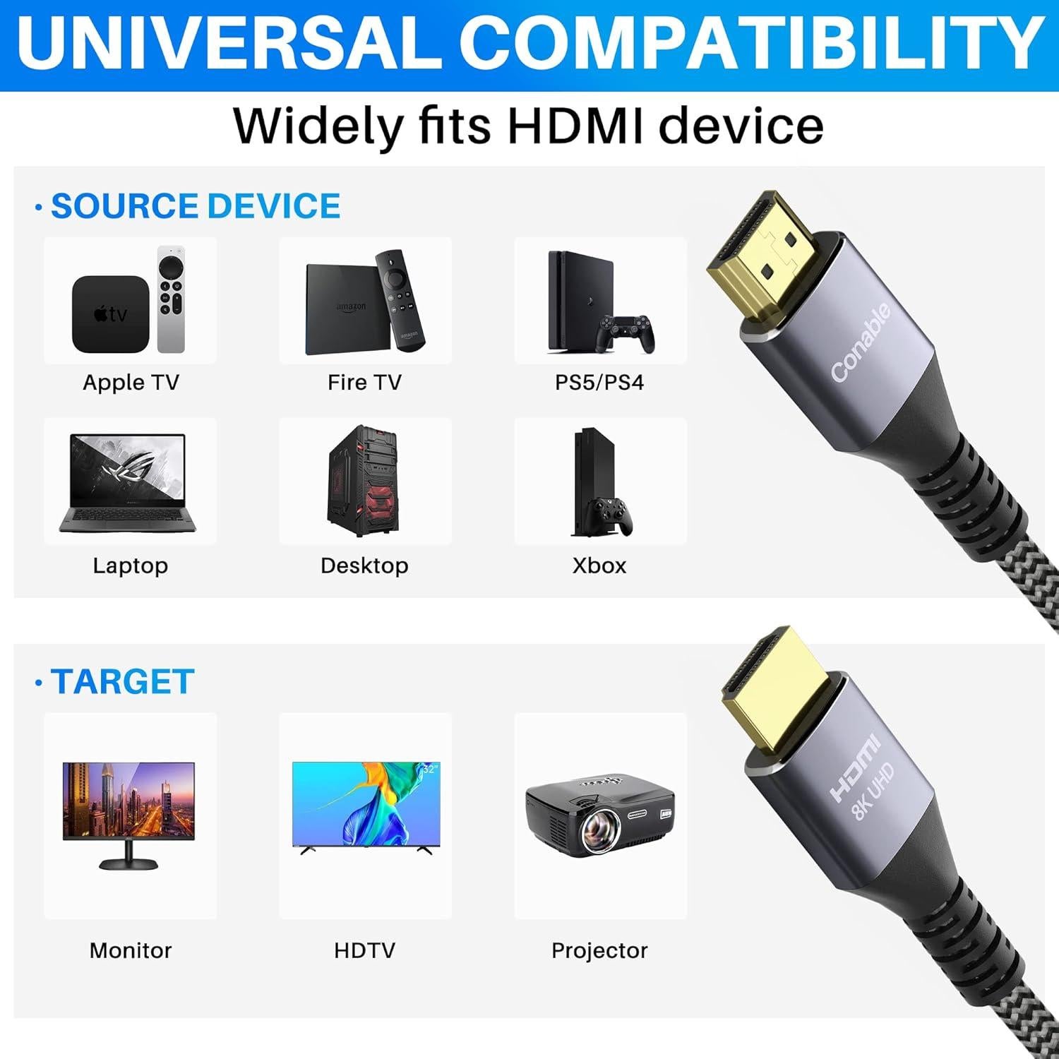 Cable HDMI 8K Conable 0.61m Ultra Alta Velocidad 48Gbps
