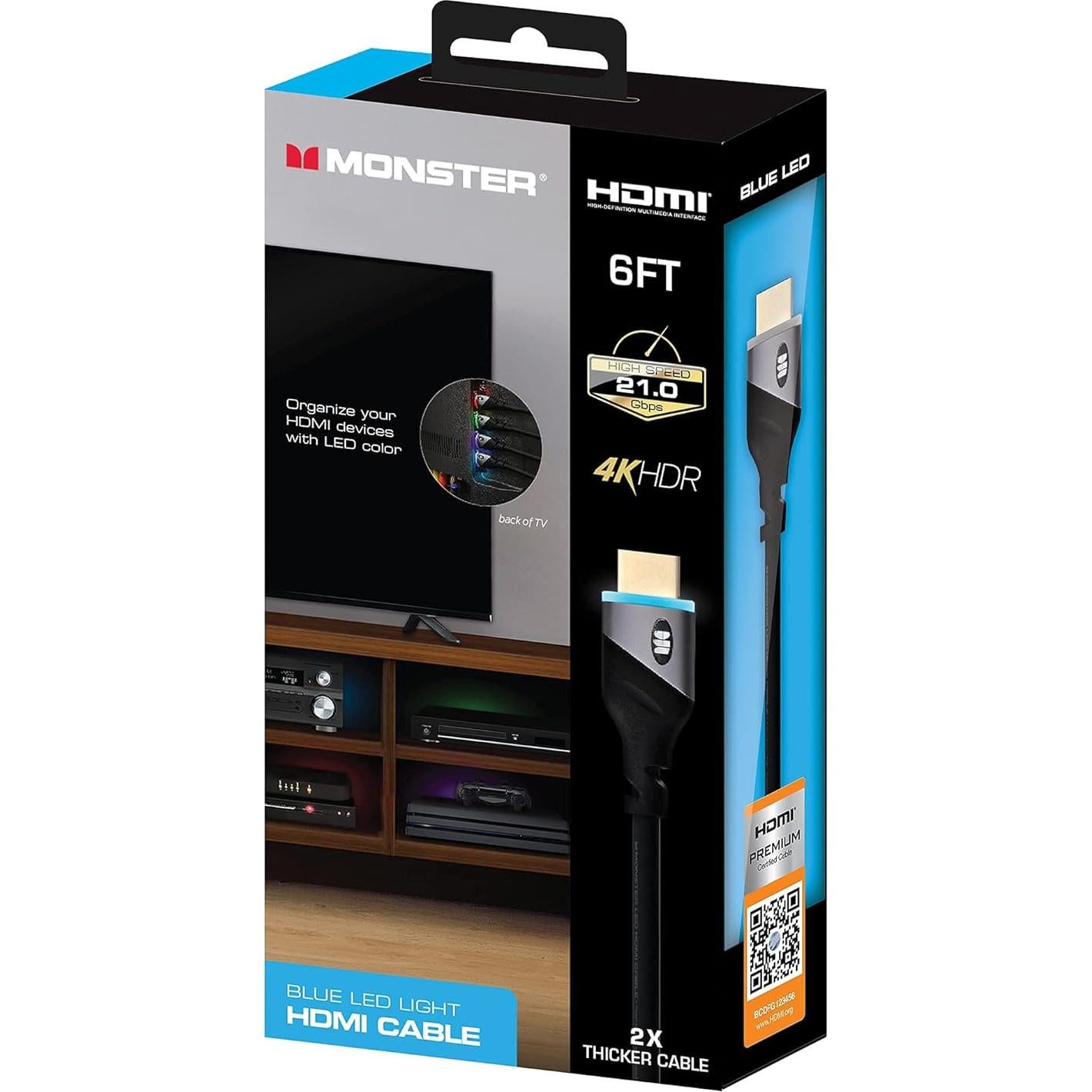 Cable HDMI Monster 1.83m Alta Velocidad 4K HDR Luz LED Azul