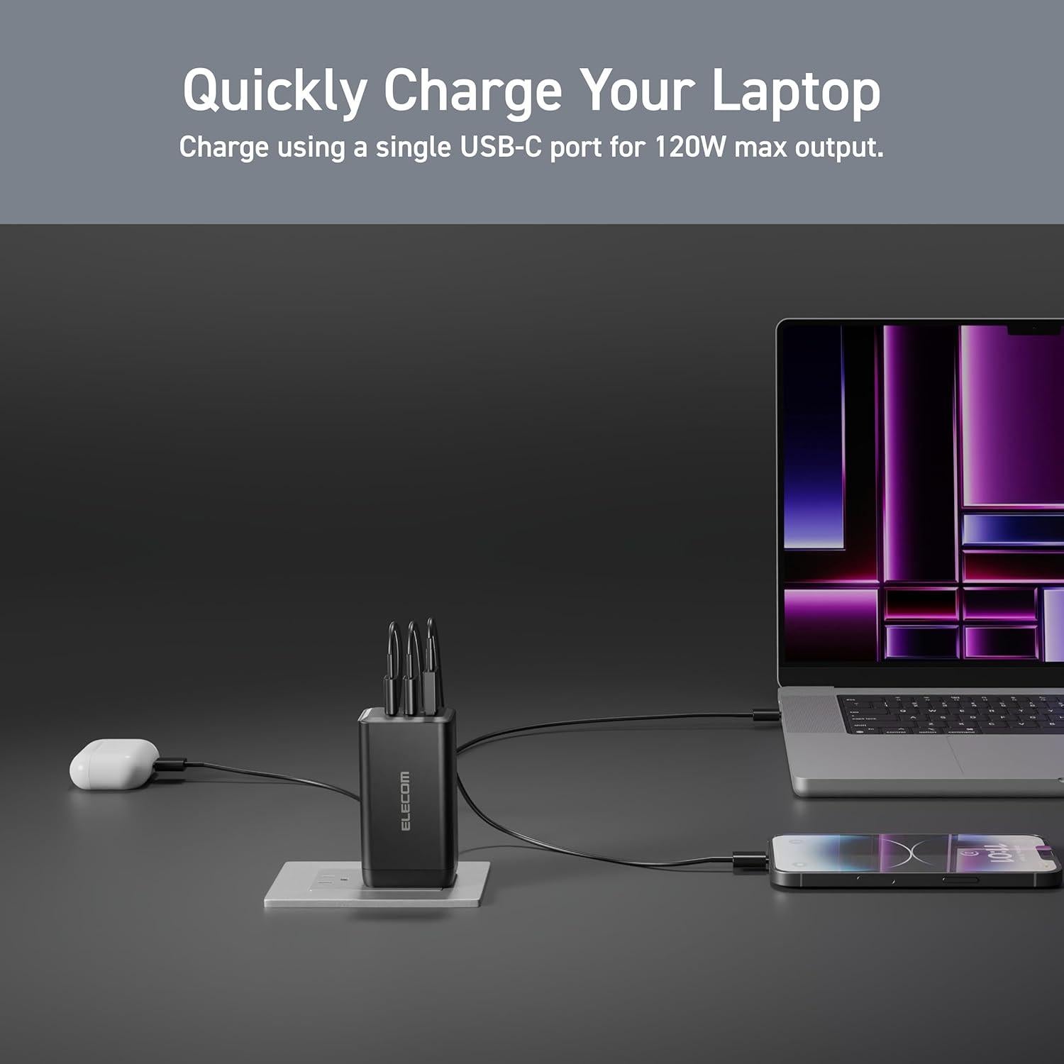 Cargador de pared USB-C 120W ELECOM, 3 puertos, carga rápida