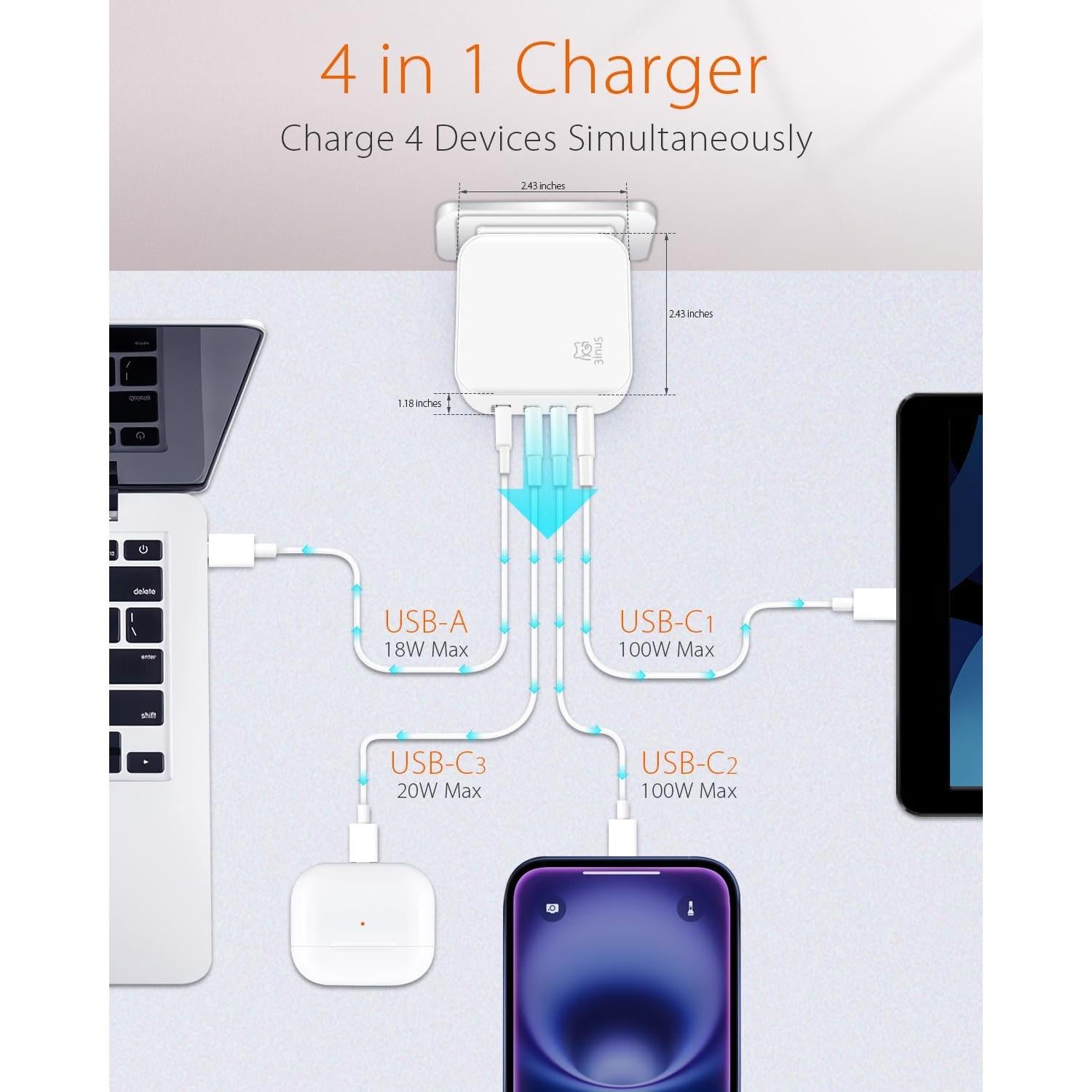 Cargador de pared USB-C 100W 3inuS con 4 puertos y adaptadores