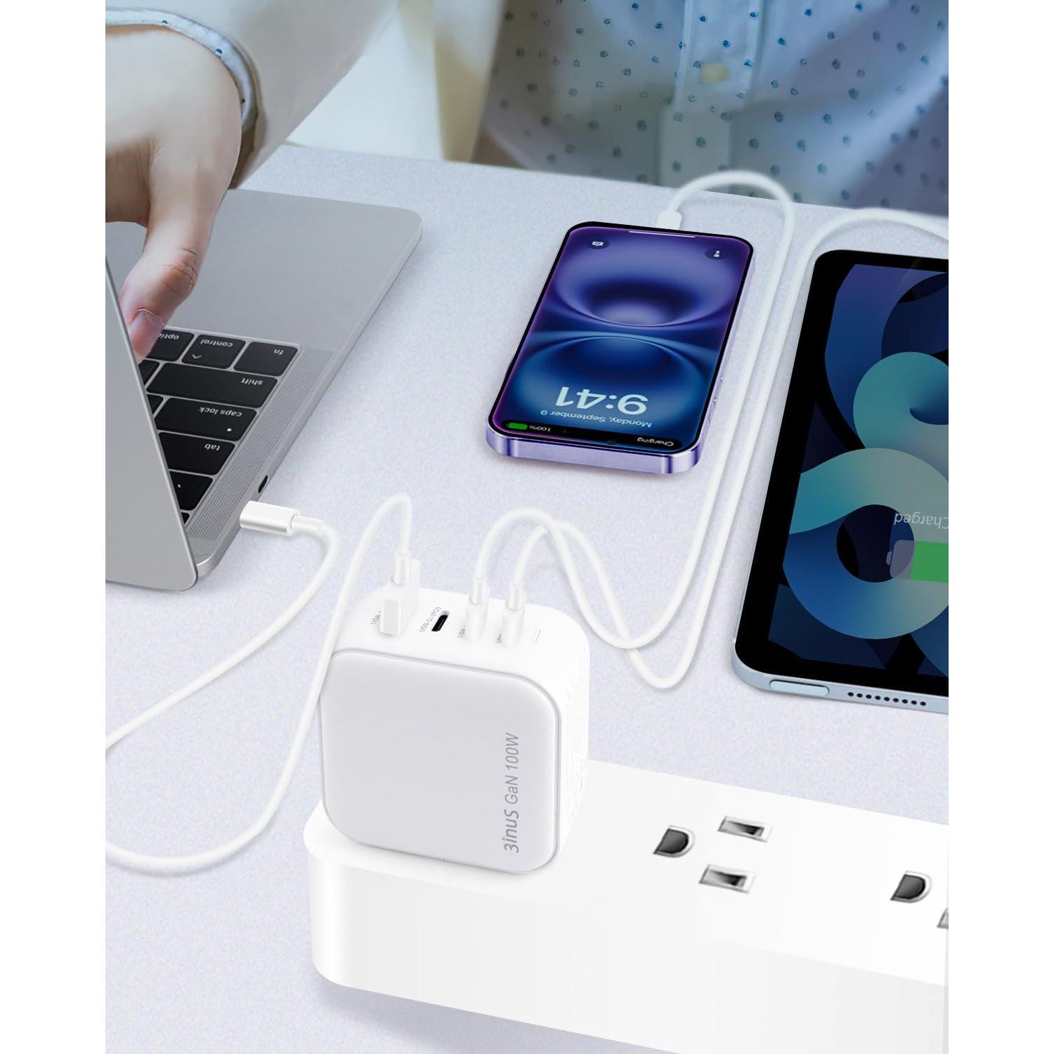 Cargador de pared USB-C 100W 3inuS con 4 puertos y adaptadores