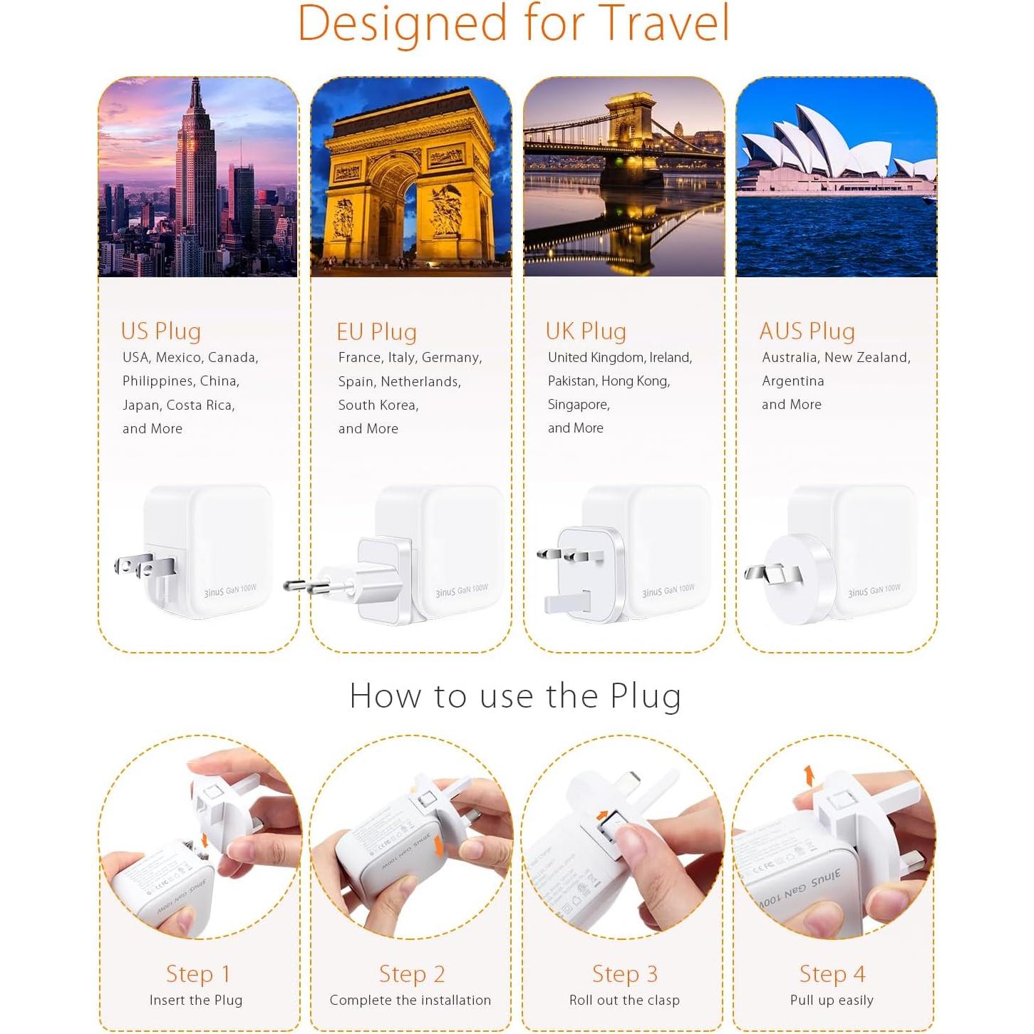 Cargador de pared USB-C 100W 3inuS con 4 puertos y adaptadores