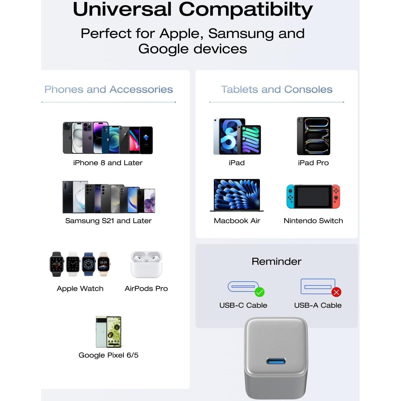 Cargador USB C EF ECOFLOW 30W Rápido Plegable Plateado