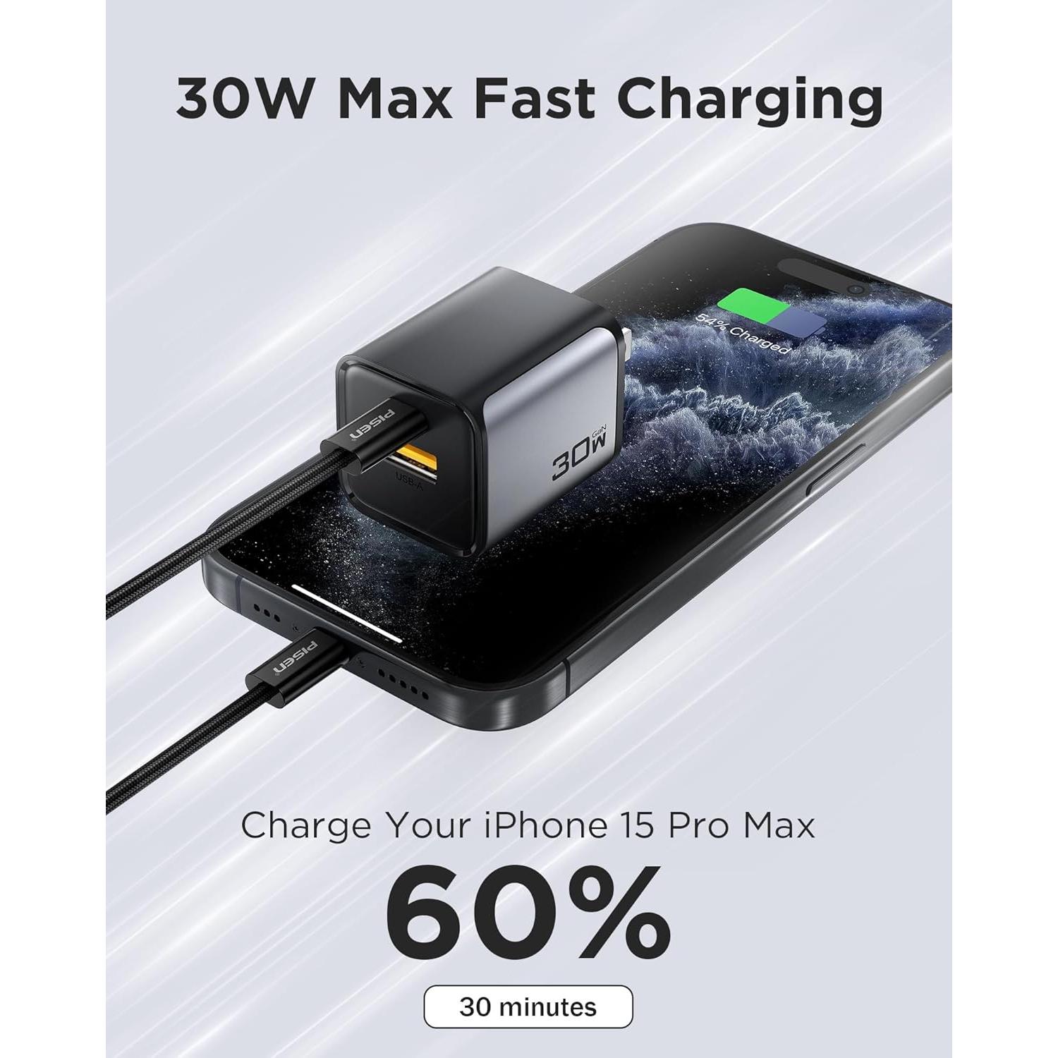 Cargador USB C PISEN 30W Doble Puerto PD QC 3.0