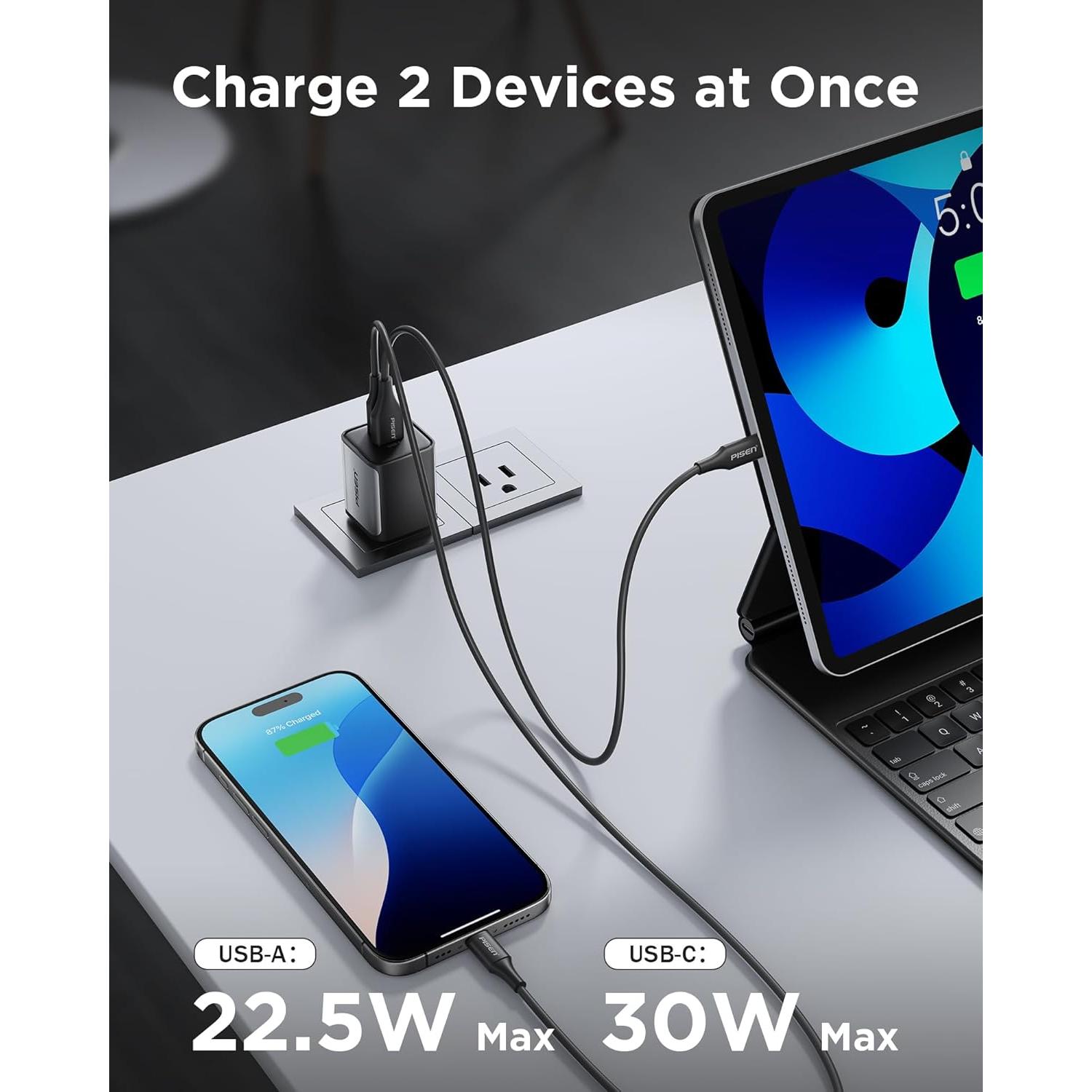 Cargador USB C PISEN 30W Doble Puerto PD QC 3.0