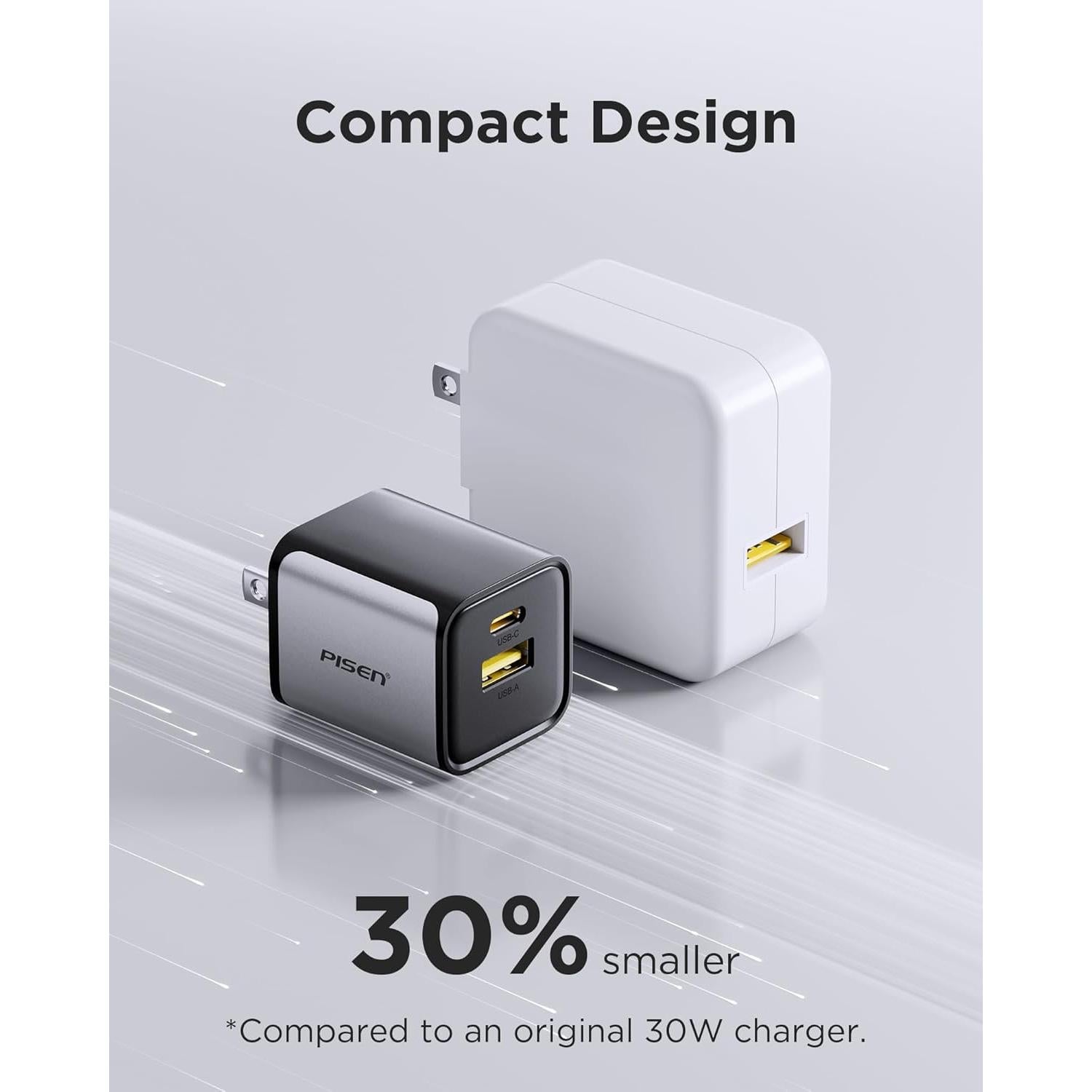 Cargador USB C PISEN 30W Doble Puerto PD QC 3.0