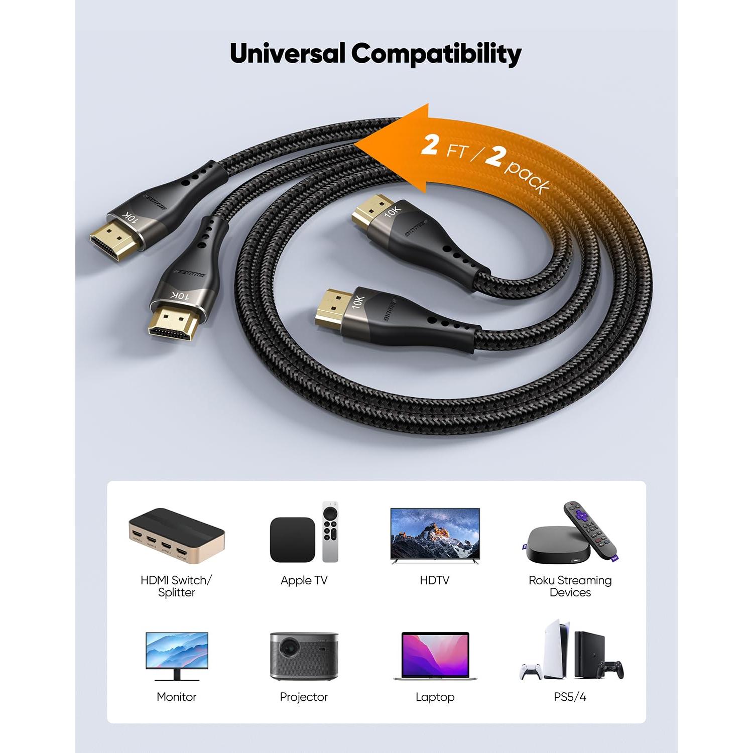 Cable HDMI Corto DIOOEER 0.6M 2-Pack Ultra Alta Velocidad
