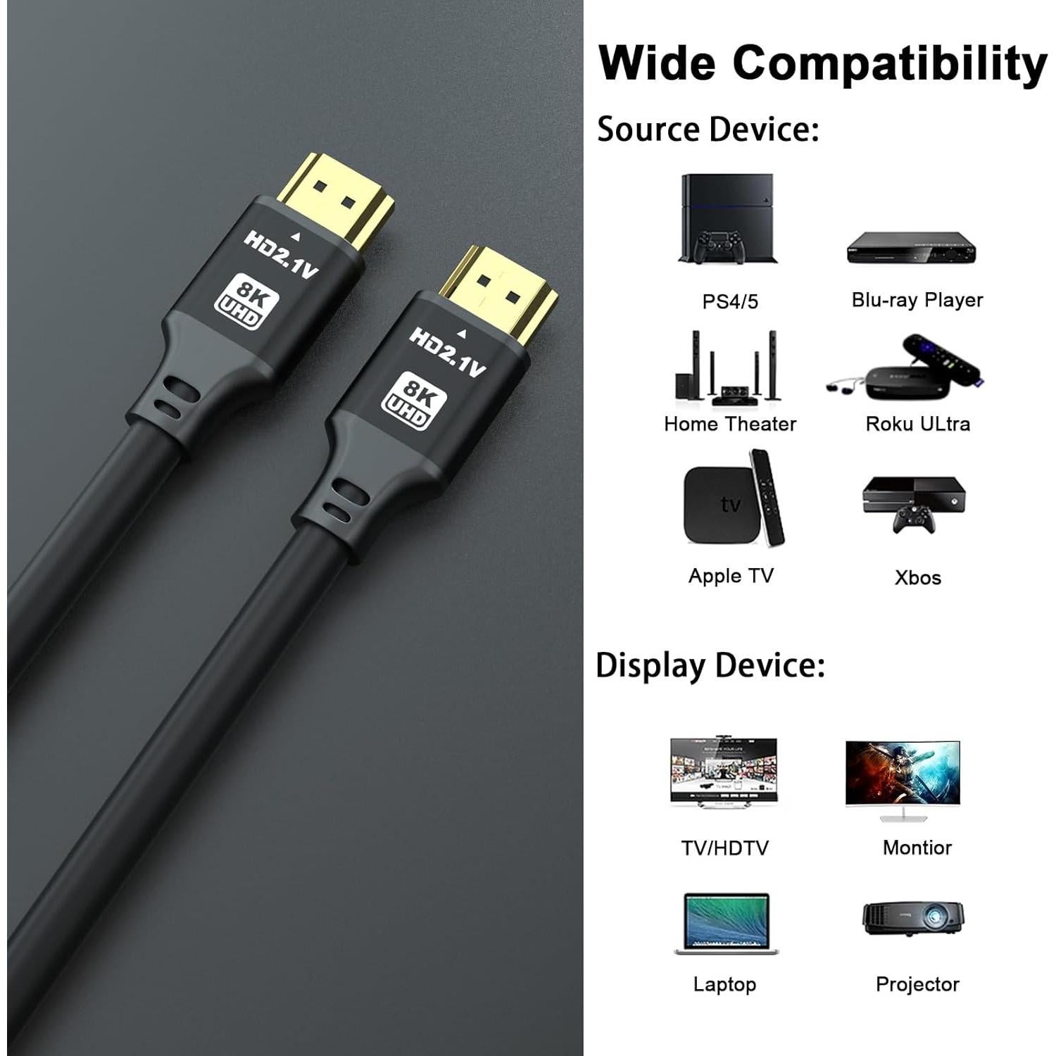 Cable HDMI 8K 1.83m 2-Pack Jojobnj Alta Velocidad 48Gbps