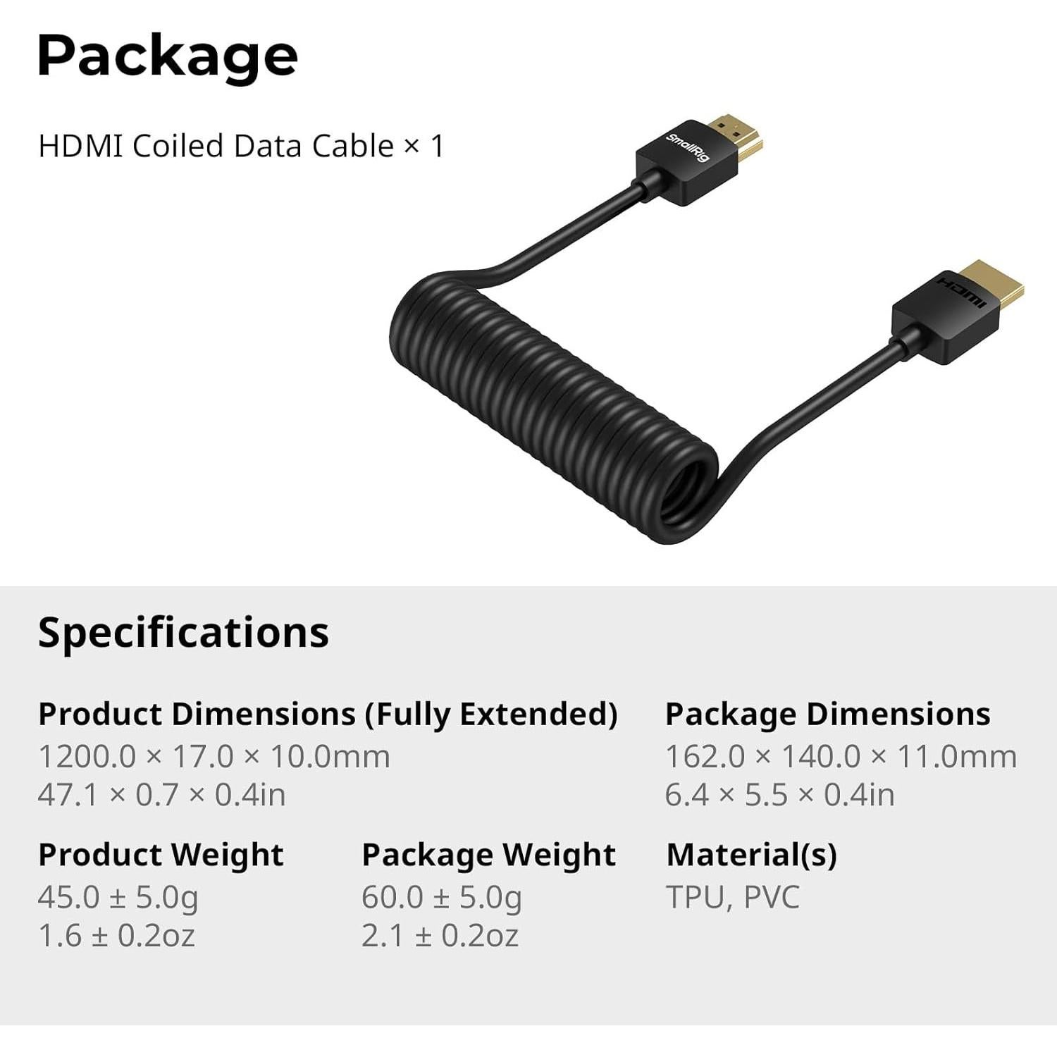 Cable HDMI Enrollado 2.0 SmallRig 4K@60Hz 120cm Alta Velocidad