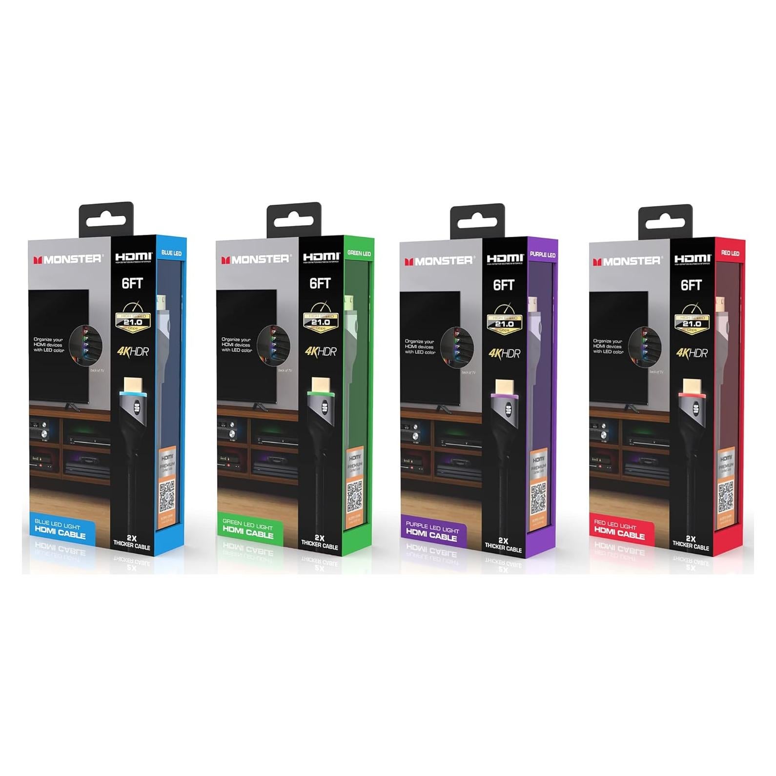 Cable HDMI Monster 1.83m 4K HDR con luz LED - Paquete de 4