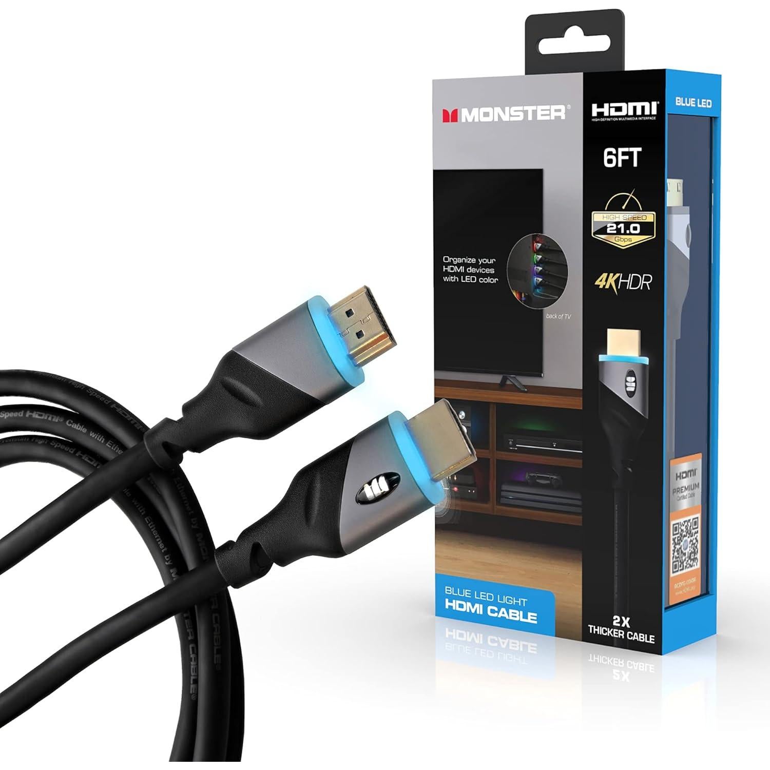 Cable HDMI Monster 1.83m 4K HDR con luz LED - Paquete de 4
