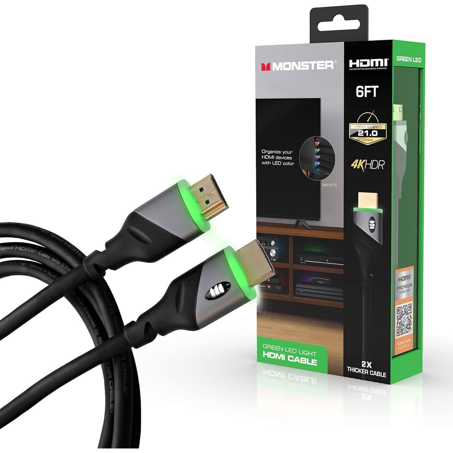 Cable HDMI Monster 1.83m 4K HDR con luz LED - Paquete de 4