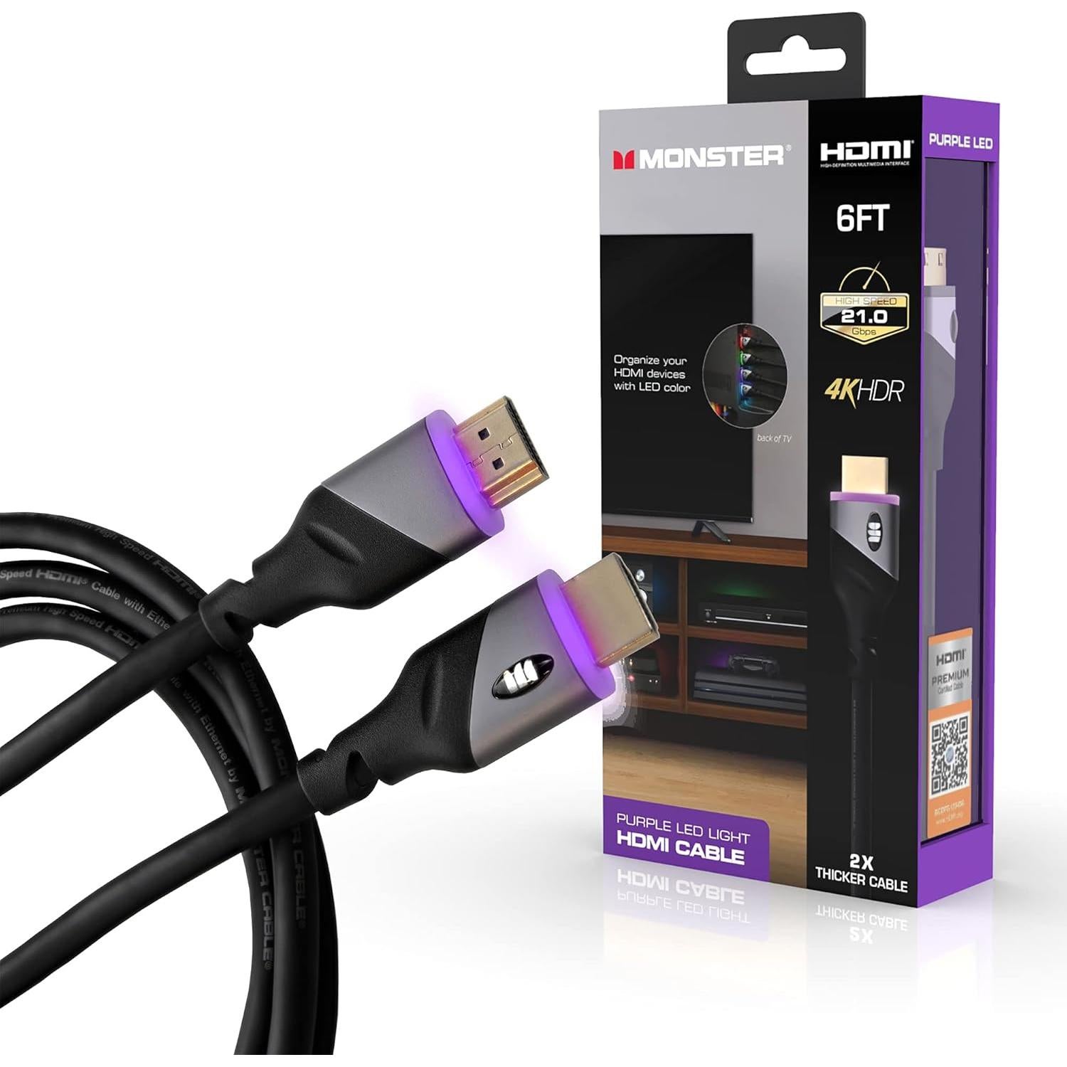 Cable HDMI Monster 1.83m 4K HDR con luz LED - Paquete de 4