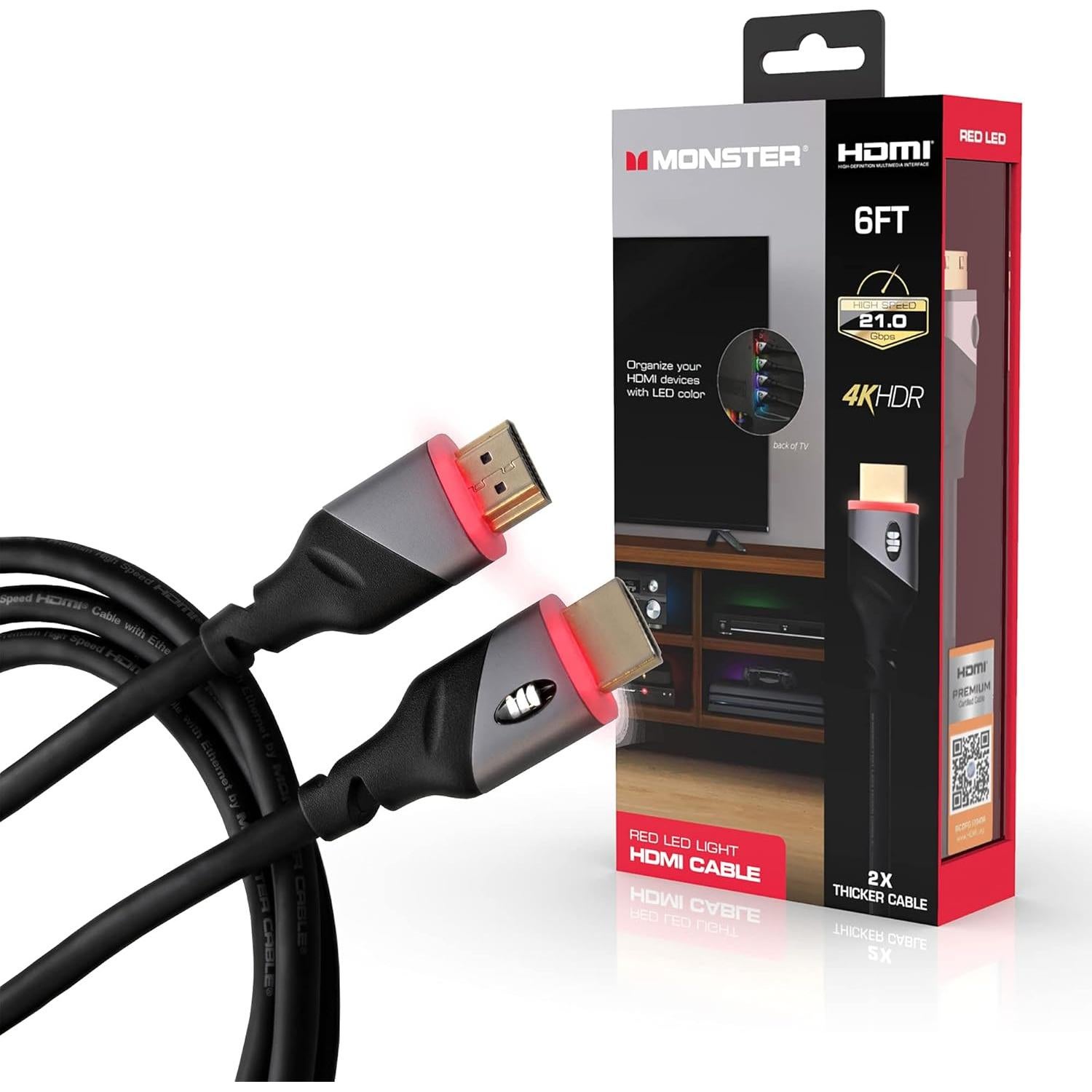 Cable HDMI Monster 1.83m 4K HDR con luz LED - Paquete de 4